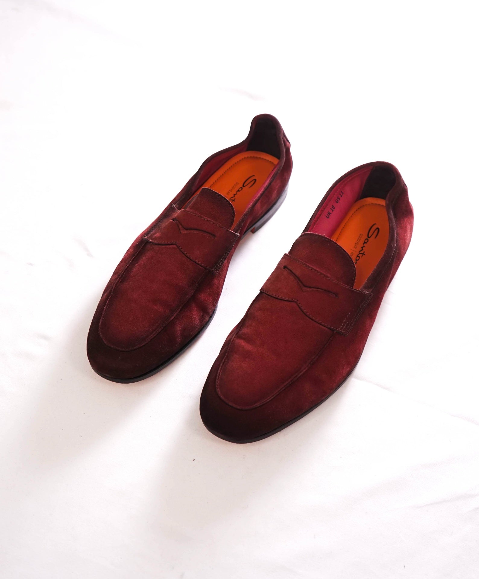 $800 SANTONI - Red GOODYEAR Unlined Suede Loafers - US 11 (UK10)