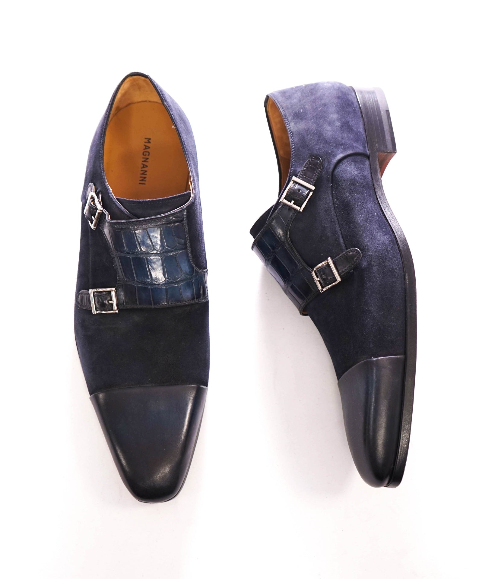 $1,020 MAGNANNI - Blue Alligator/Suede/Leather Monk Straps - 11 M