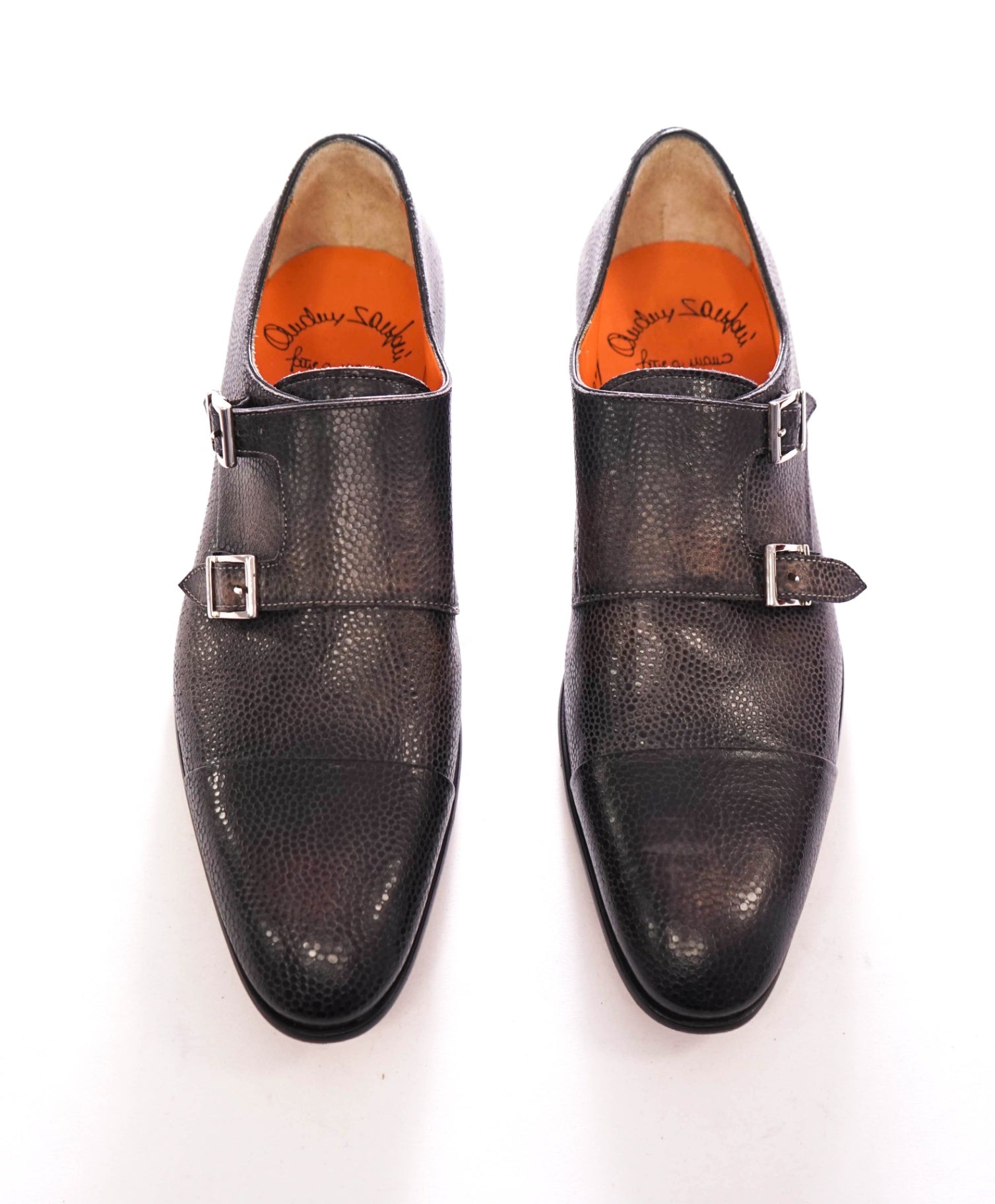 $1,595 SANTONI - Gray Pebble Leather Monk Straps - US 12 (11UK)