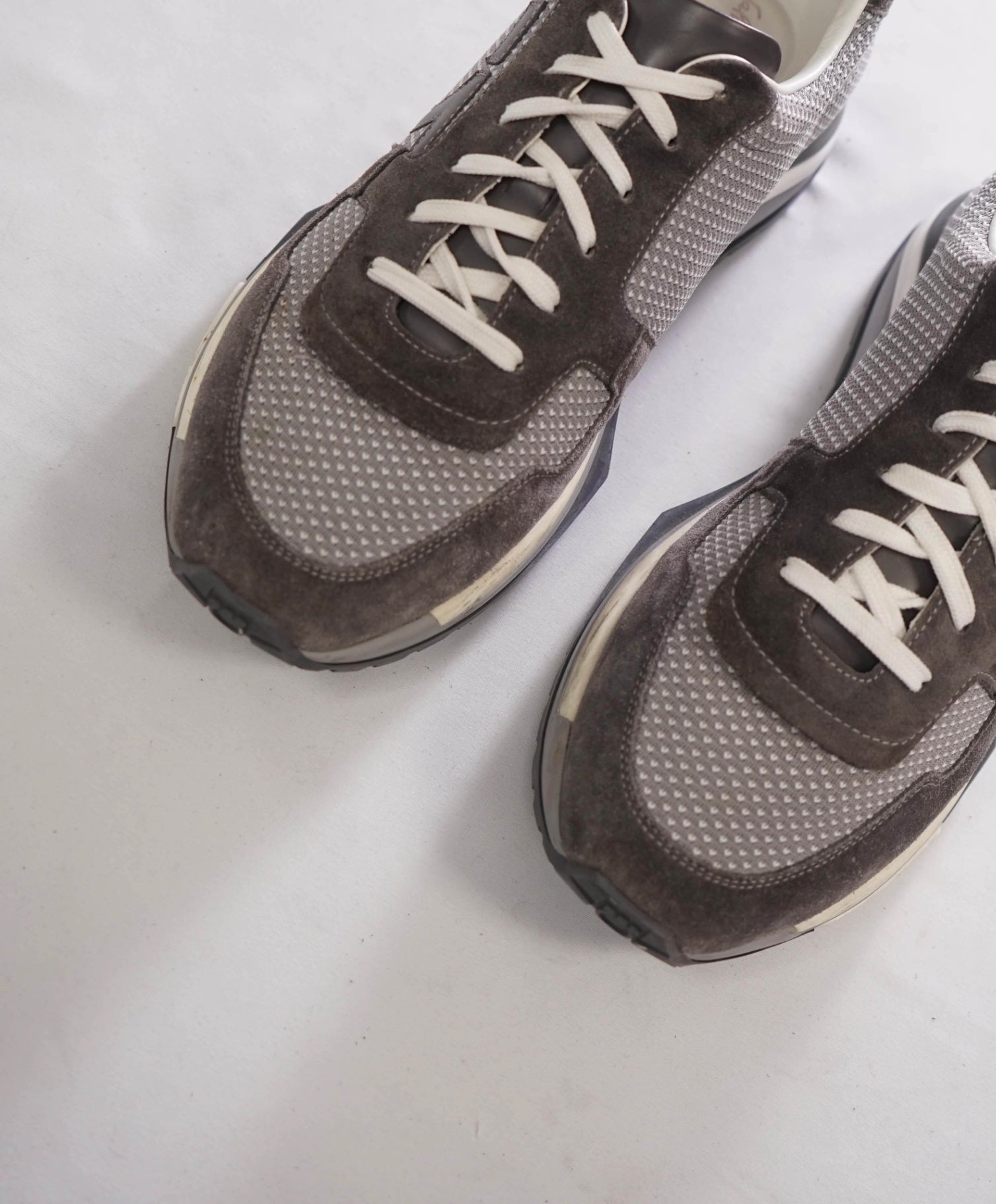 $750 FERRAGAMO - "Brooklyn" Gray Suede/Fabric Sneakers - 8 M