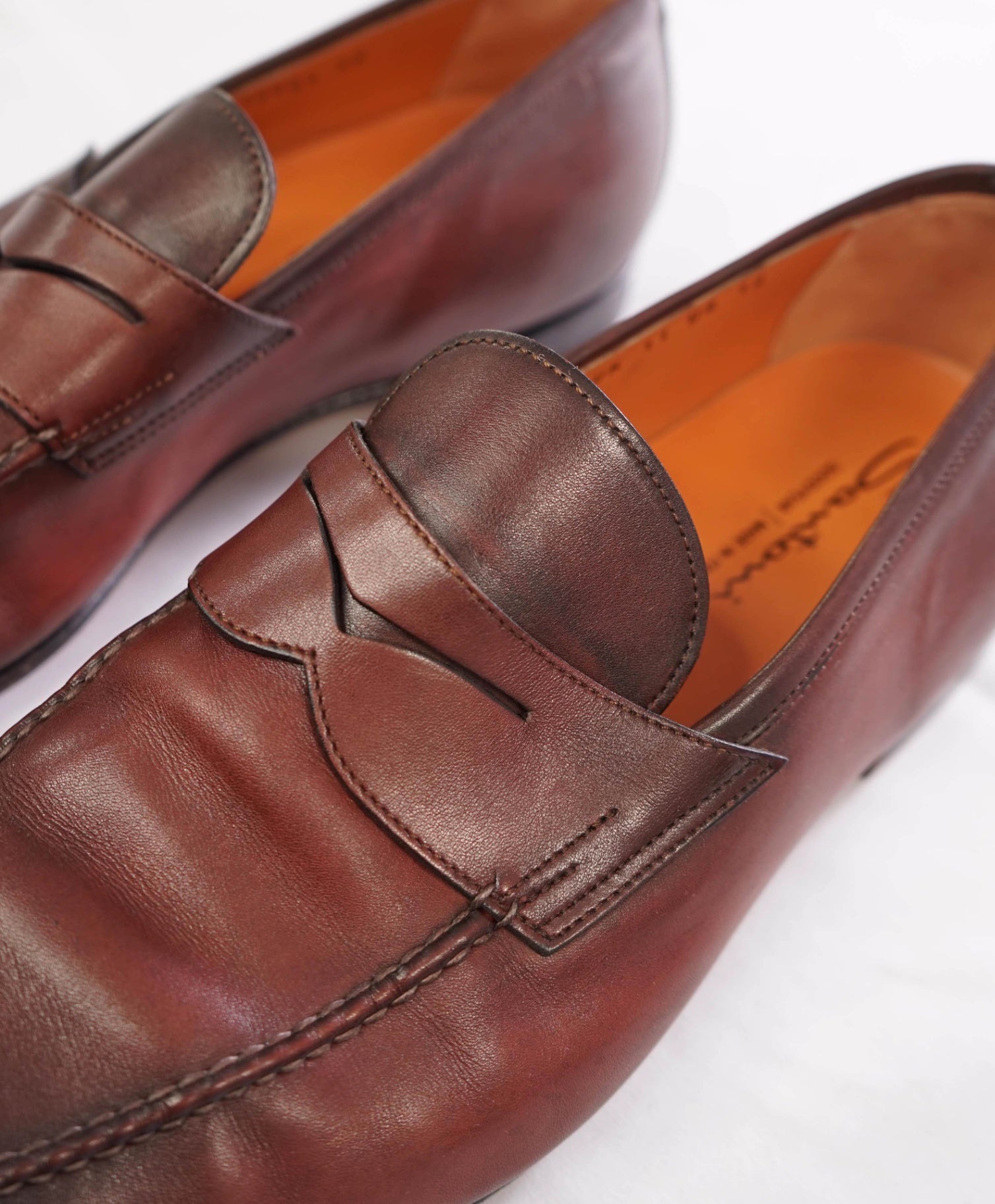 $1,295 SANTONI - "GOODYEAR” Red Patina Penny Loafers - US 12 (UK11)