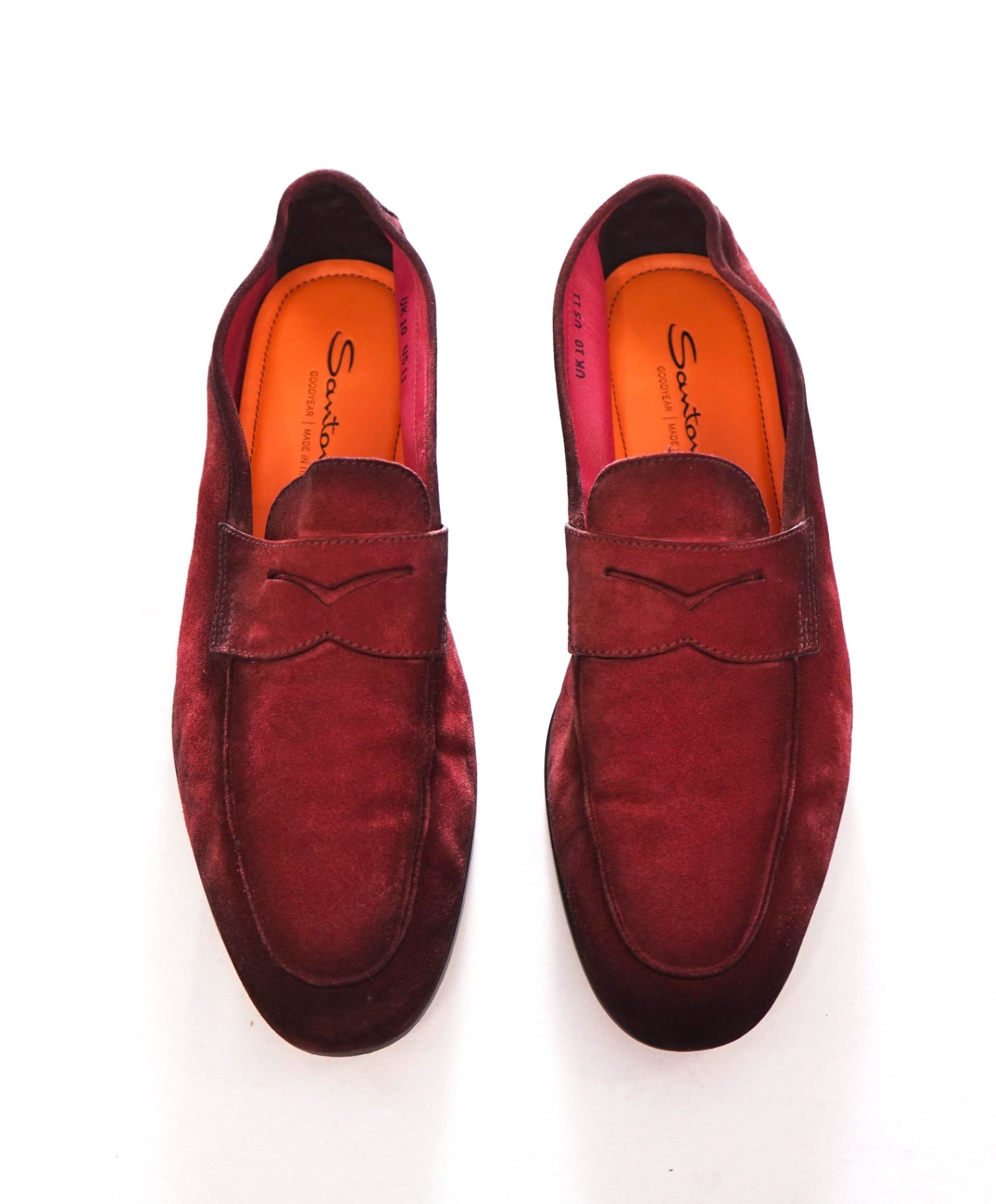 $800 SANTONI - Red GOODYEAR Unlined Suede Loafers - US 11 (UK10)