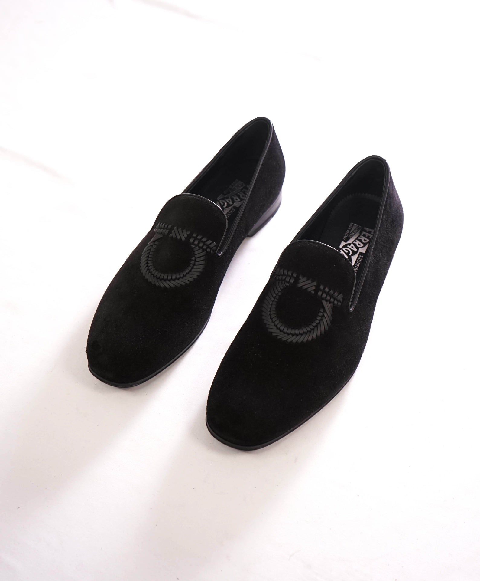 $895 FERRAGAMO - Black Velvet "LIBERO" Loafers - 9.5 E