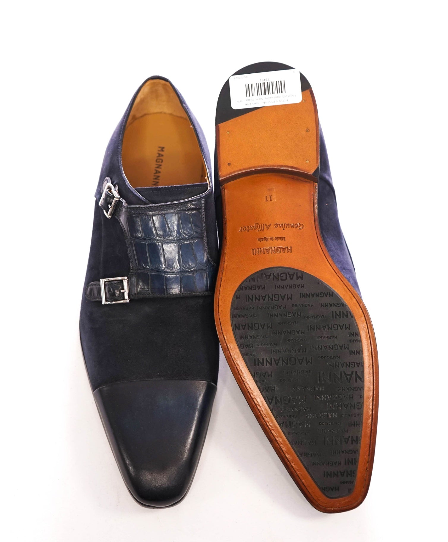 $1,020 MAGNANNI - Blue Alligator/Suede/Leather Monk Straps - 11 M