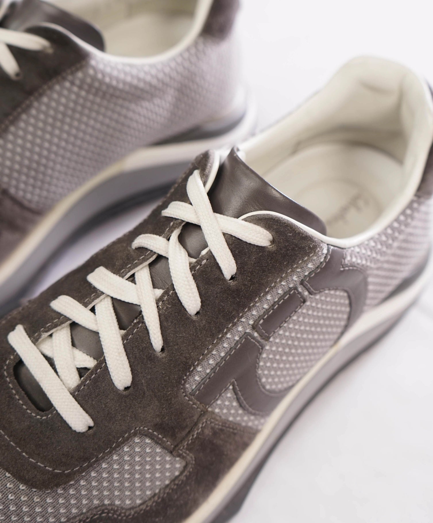 $750 FERRAGAMO - "Brooklyn" Gray Suede/Fabric Sneakers - 8 M