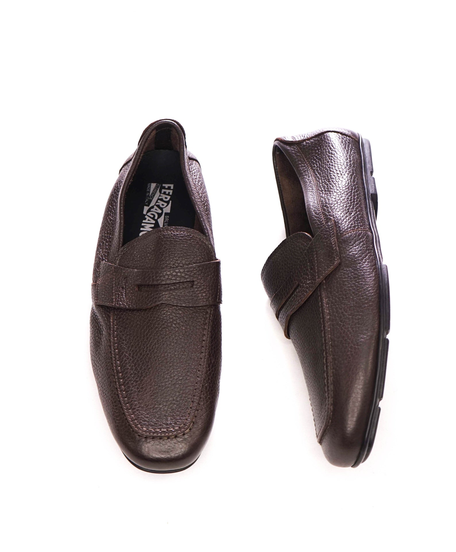 $795 FERRAGAMO - Brown Logo Engraved Penny Loafers - 10 EE