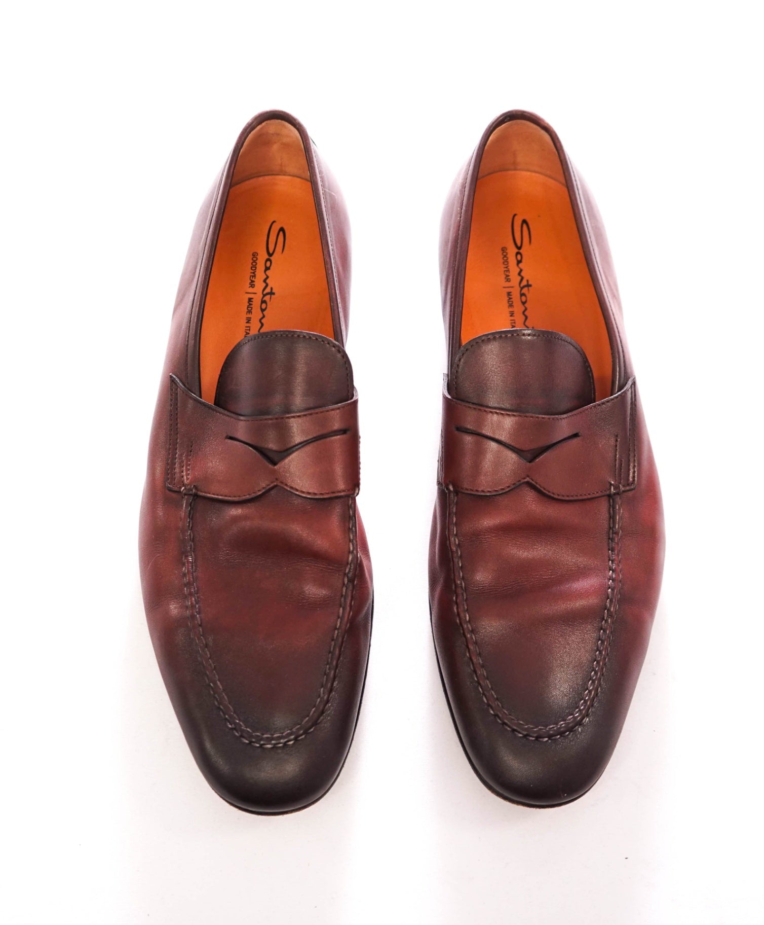 $1,295 SANTONI - "GOODYEAR” Red Patina Penny Loafers - US 12 (UK11)