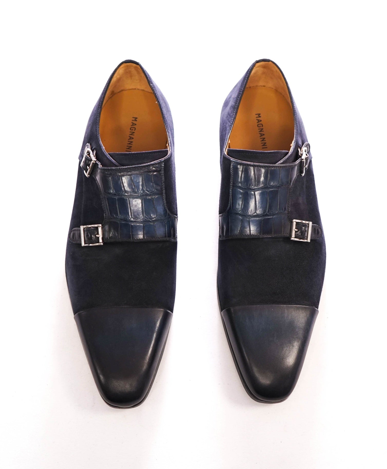 $1,020 MAGNANNI - Blue Alligator/Suede/Leather Monk Straps - 11 M