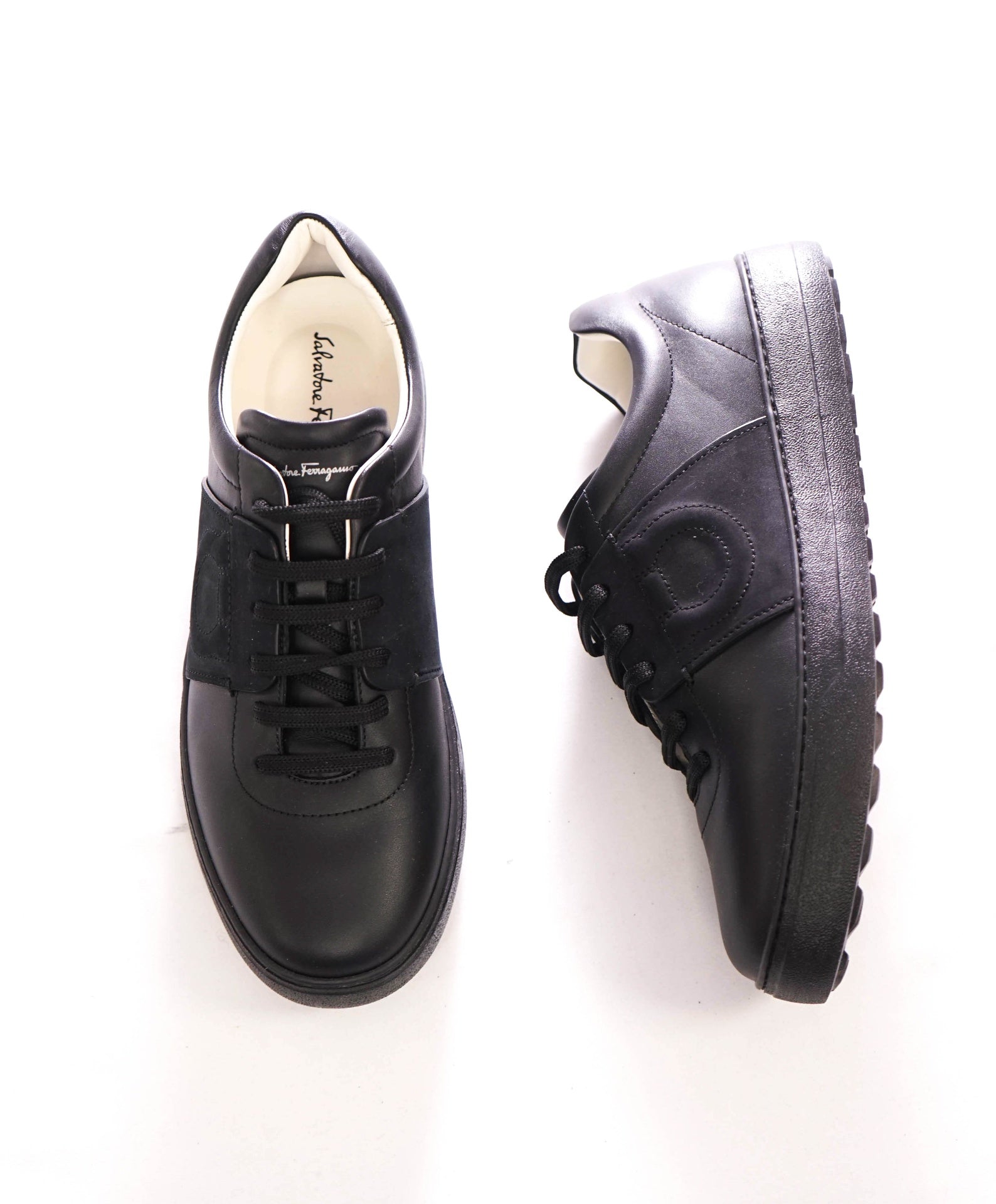 $750 FERRAGAMO - Black Leather "CULT" Sneakers - 7.5 M