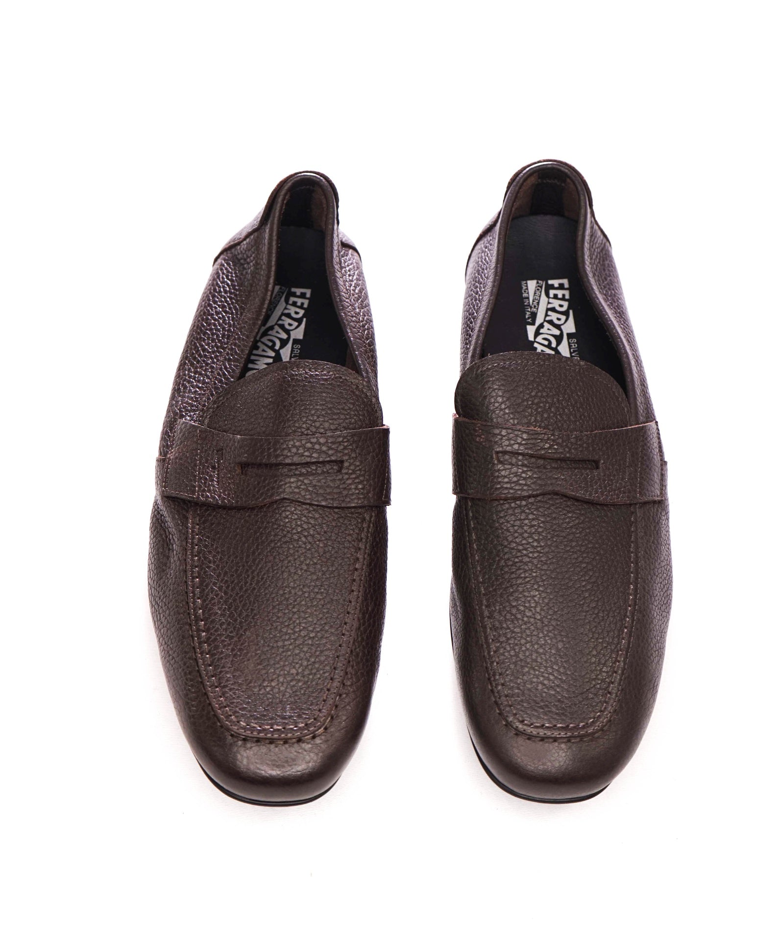$795 FERRAGAMO - Brown Logo Engraved Penny Loafers - 10 EE