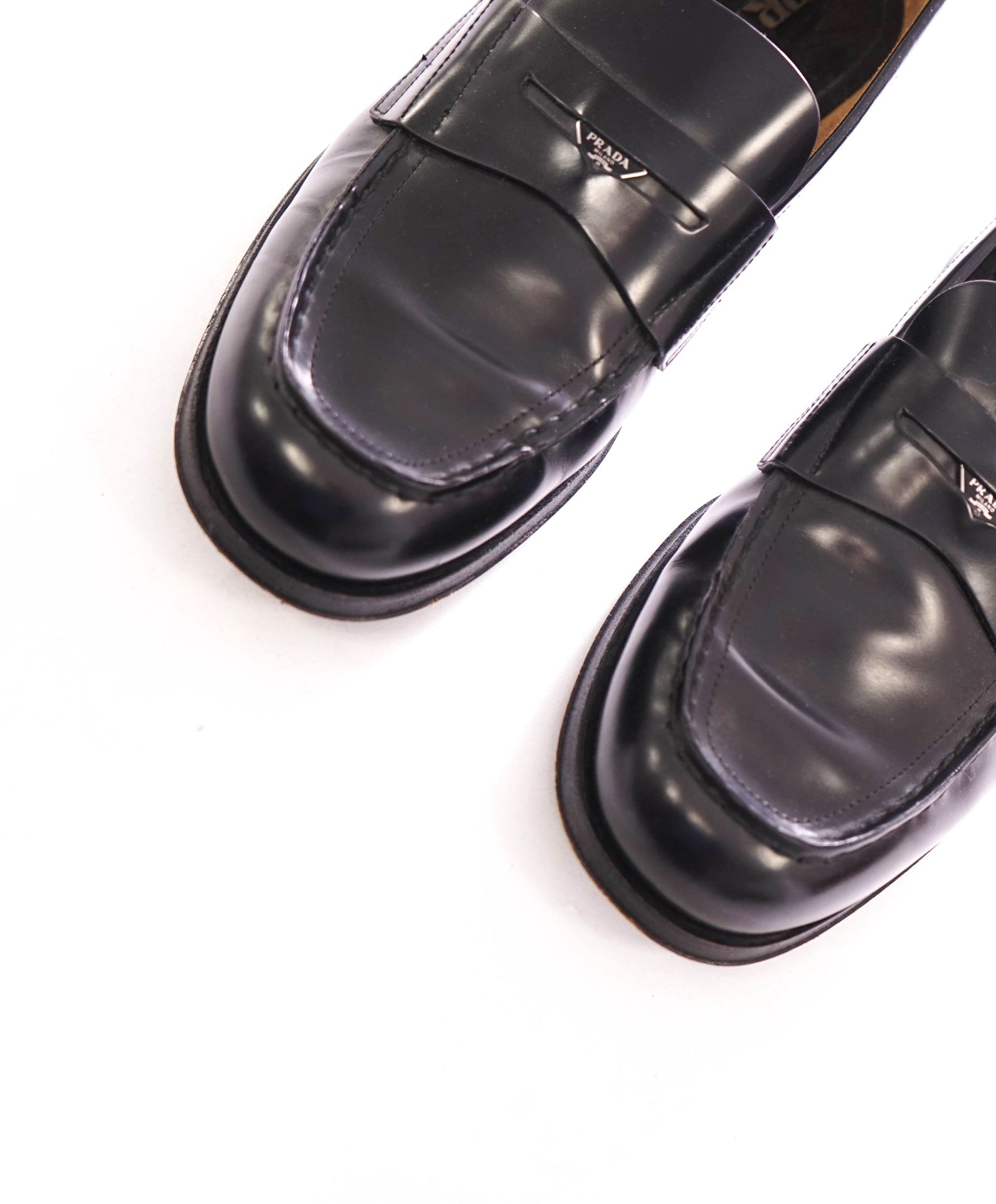$1,200 PRADA - Black Leather Penny Loafers - US 7.5 (6.5UK)