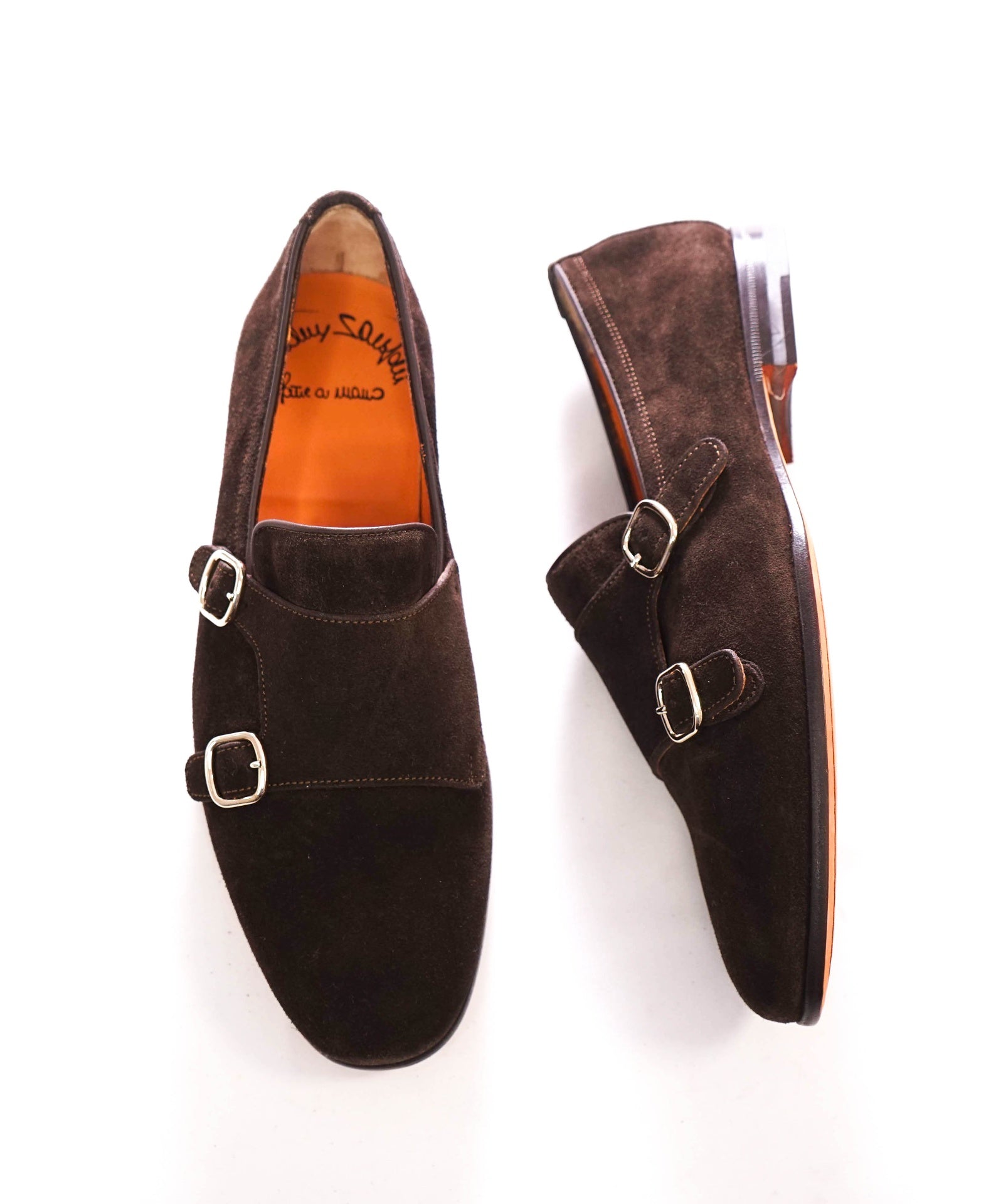 $1,050 SANTONI - Brown Suede Monk Strap Venetian - US 7.5 (UK6.5)