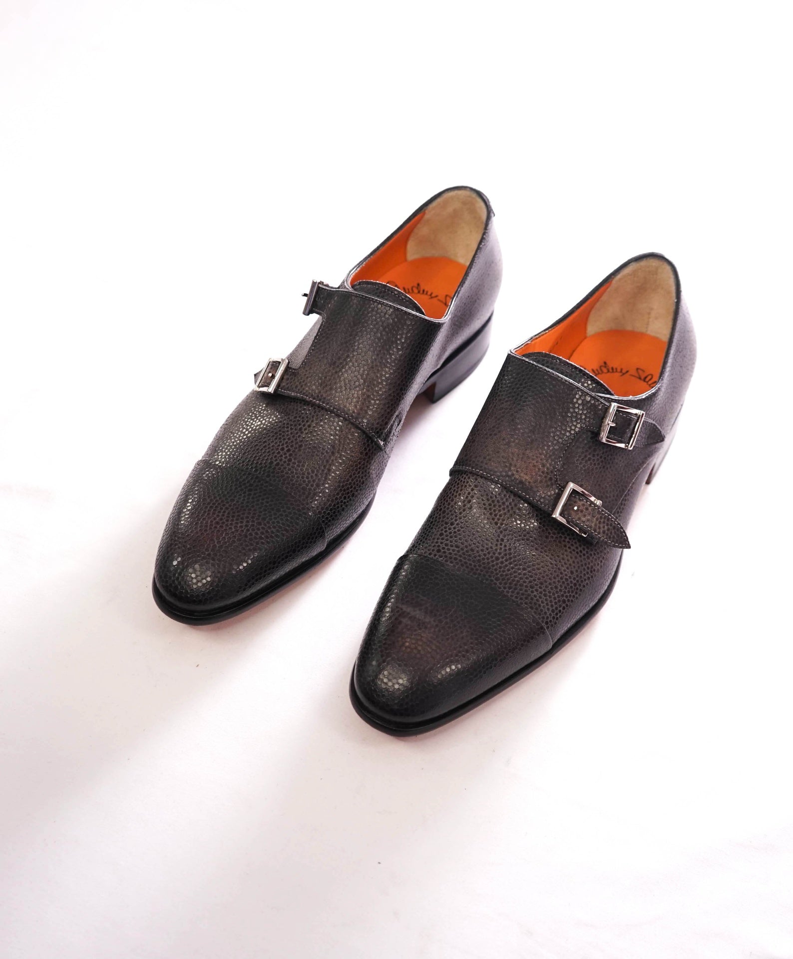 $1,595 SANTONI - Gray Pebble Leather Monk Straps - US 12 (11UK)