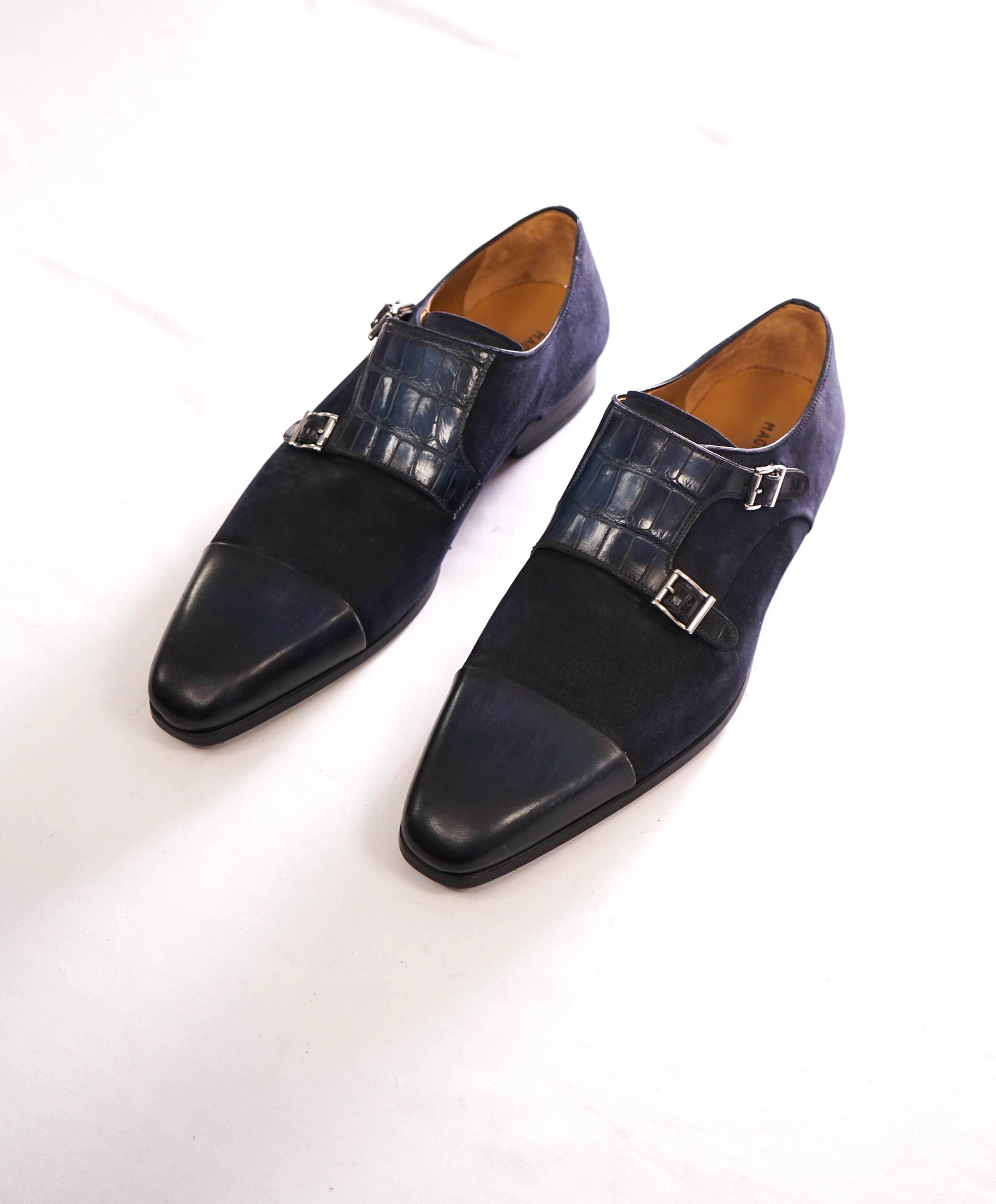 $1,020 MAGNANNI - Blue Alligator/Suede/Leather Monk Straps - 11 M