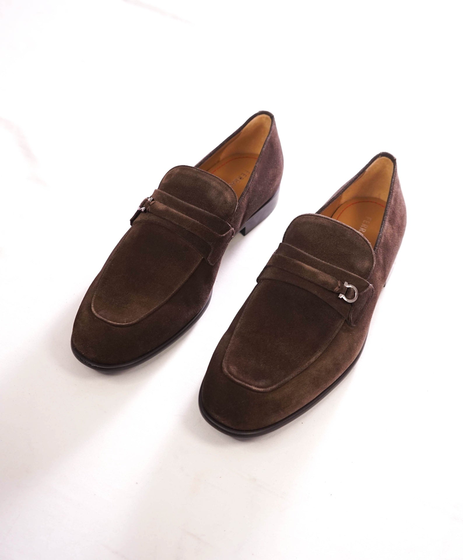 $950 FERRAGAMO - Brown Suede "DESIO" Loafers - 13 E