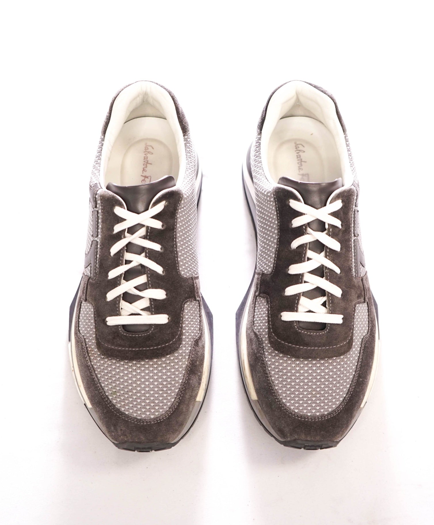 $750 FERRAGAMO - "Brooklyn" Gray Suede/Fabric Sneakers - 8 M