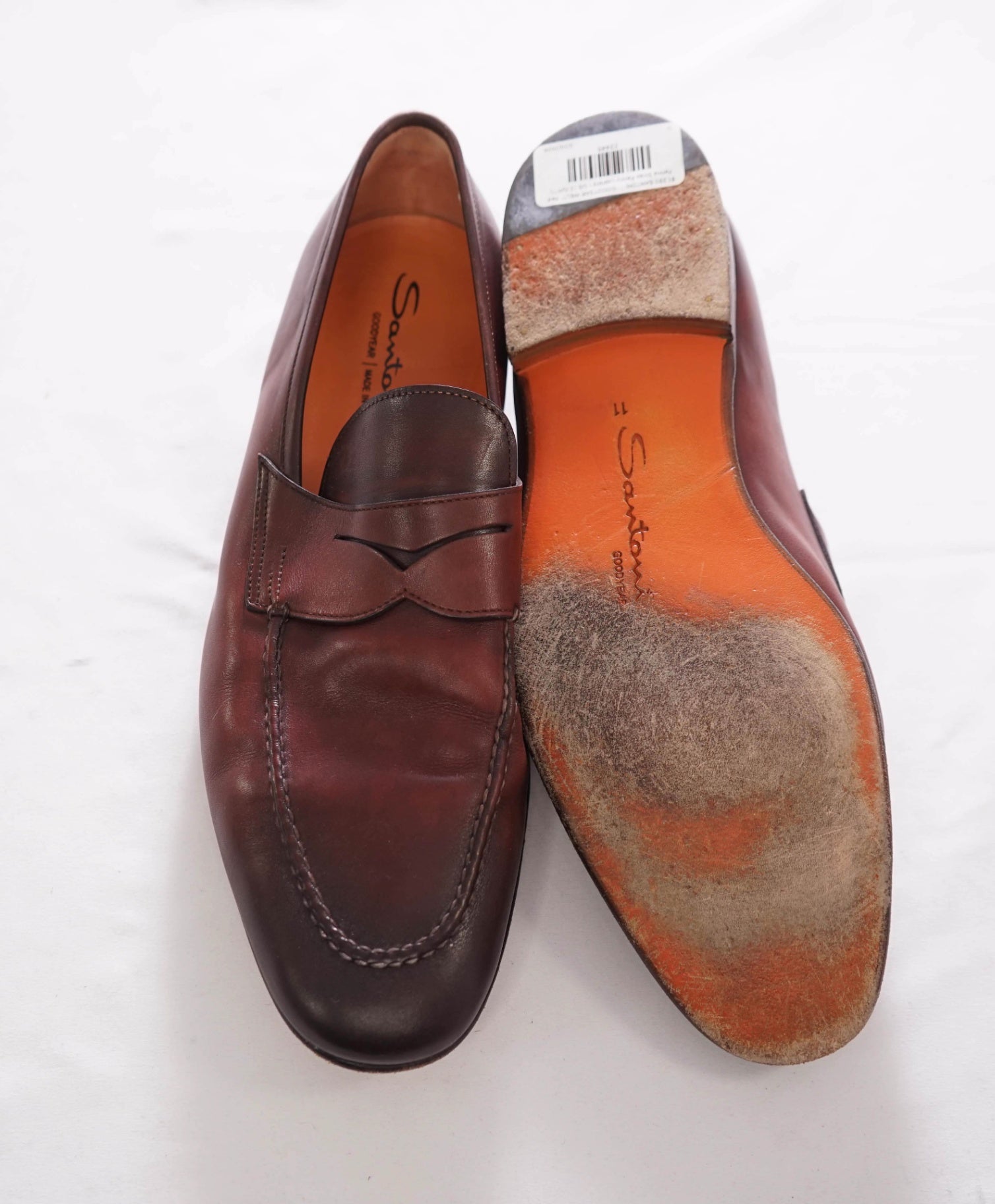 $1,295 SANTONI - "GOODYEAR” Red Patina Penny Loafers - US 12 (UK11)