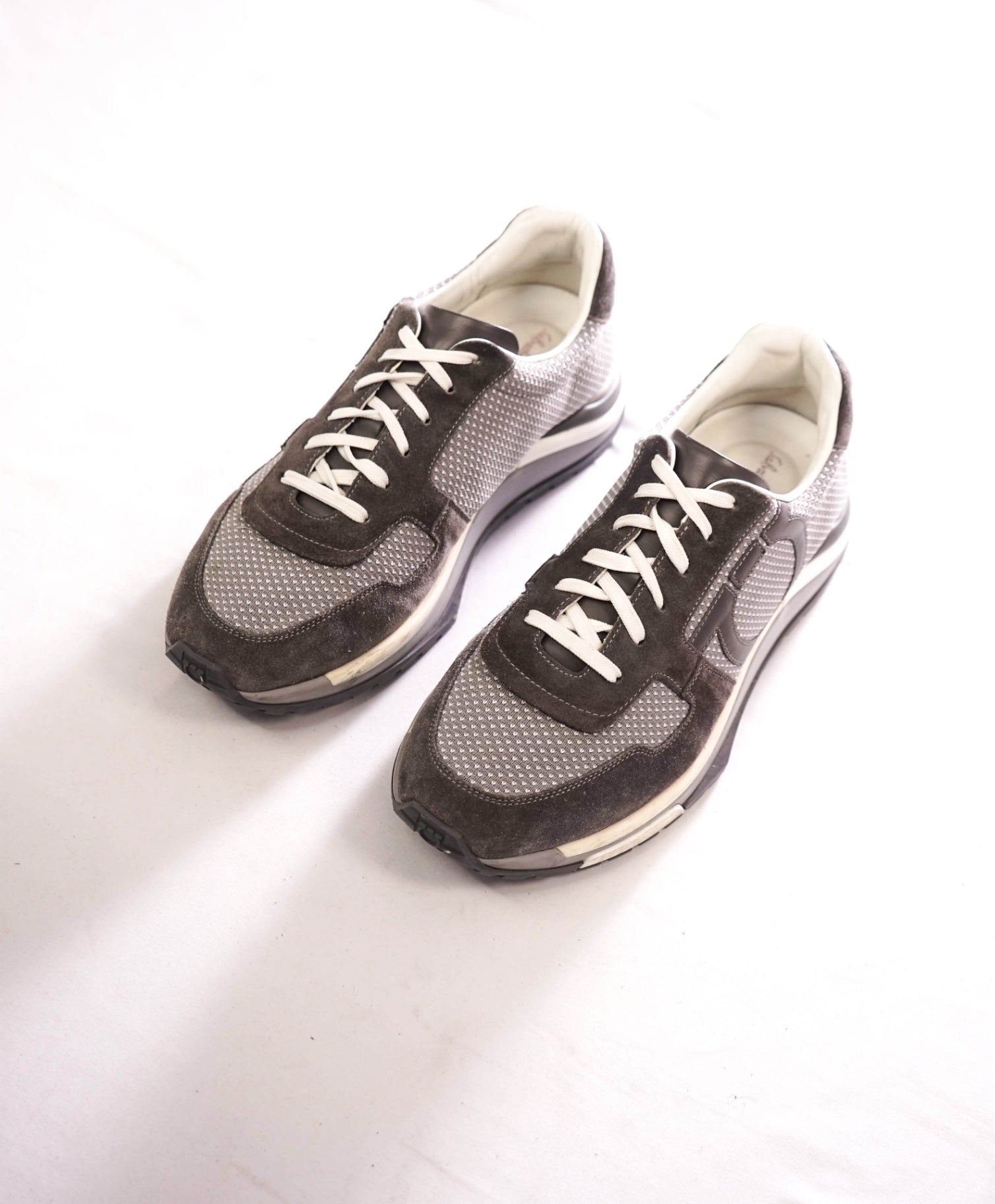 $750 FERRAGAMO - "Brooklyn" Gray Suede/Fabric Sneakers - 8 M