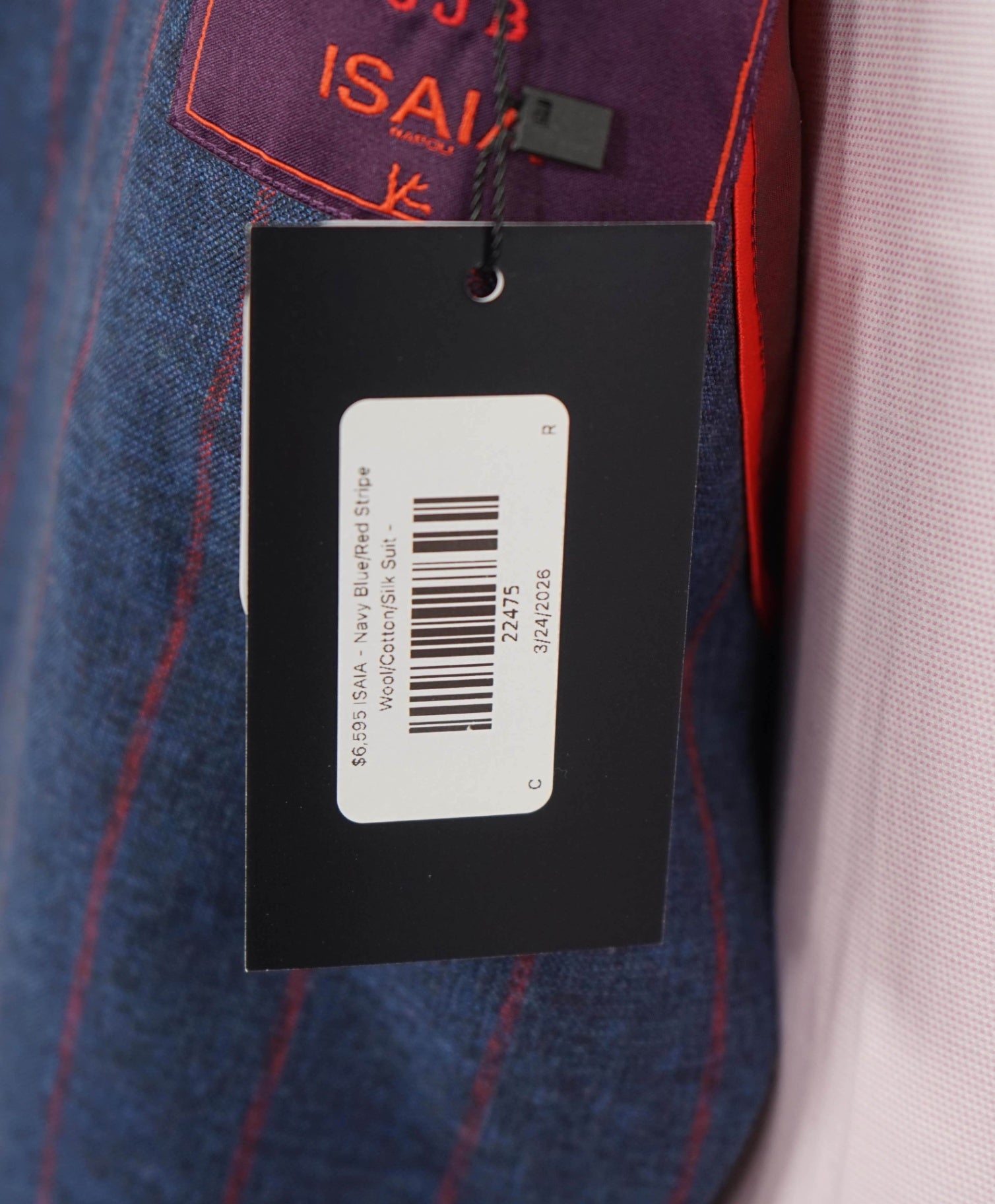$6,595 ISAIA - CUSTOM Navy Blue/Red Stripe Wool/Cotton/Silk Suit - 40R