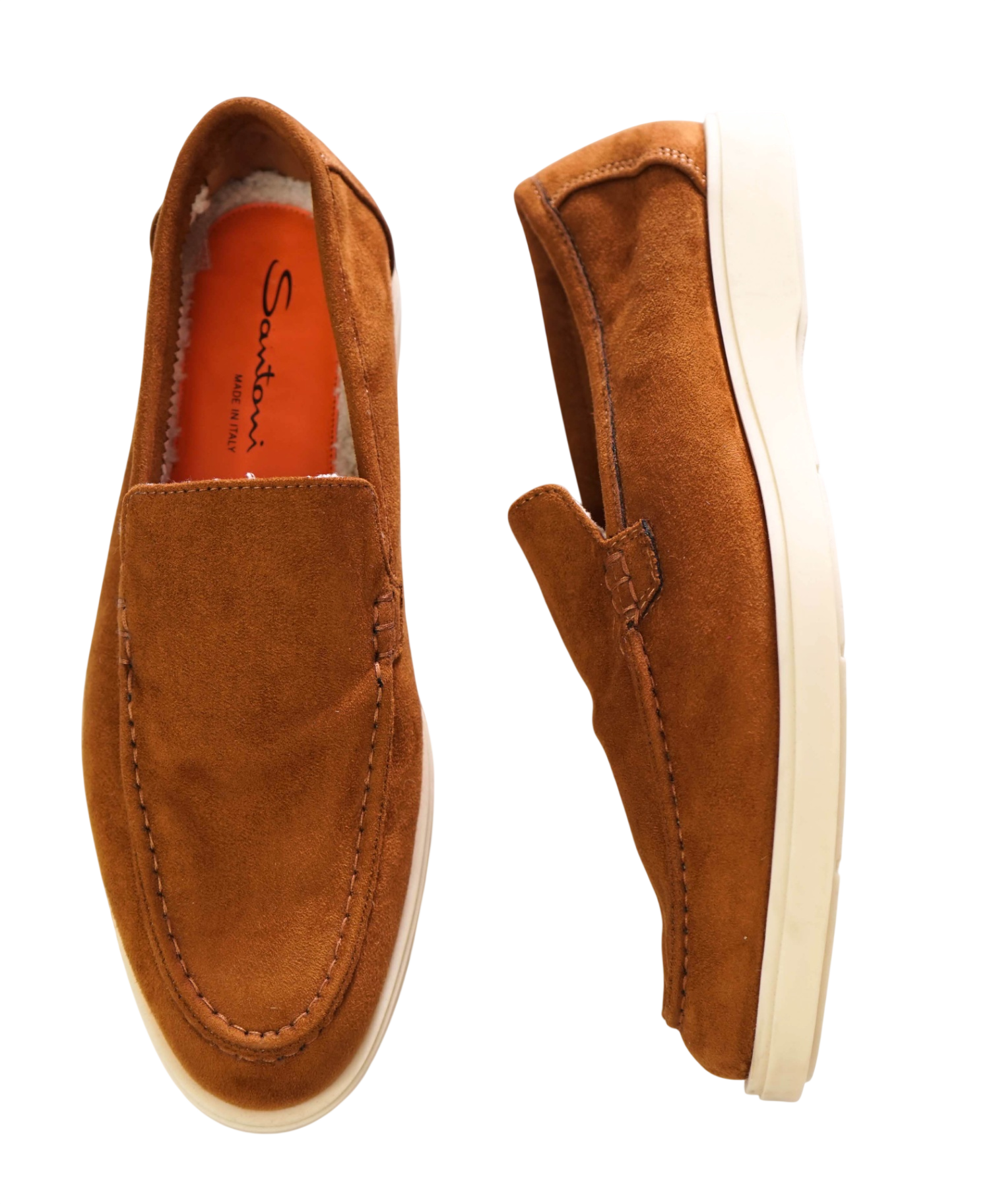 $990 SANTONI - Brown Suede Shearling-Lined Loafers - US 10 (9UK)