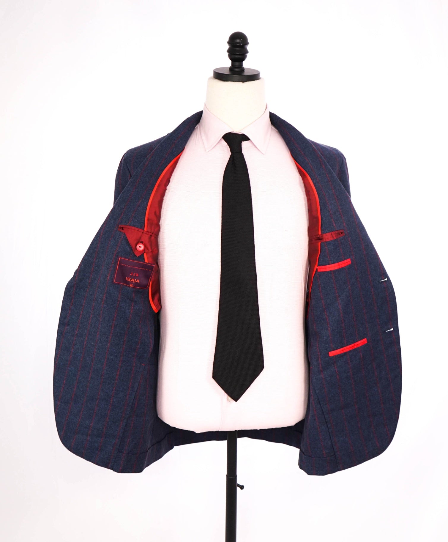 $6,595 ISAIA - CUSTOM Navy Blue/Red Stripe Wool/Cotton/Silk Suit - 40R