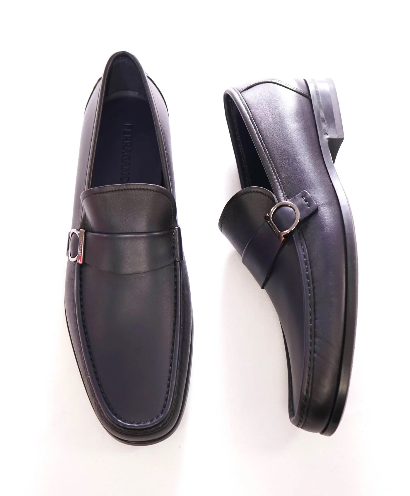 $850 FERRAGAMO - Navy Leather "DUOMO" Loafers - 9.5 E