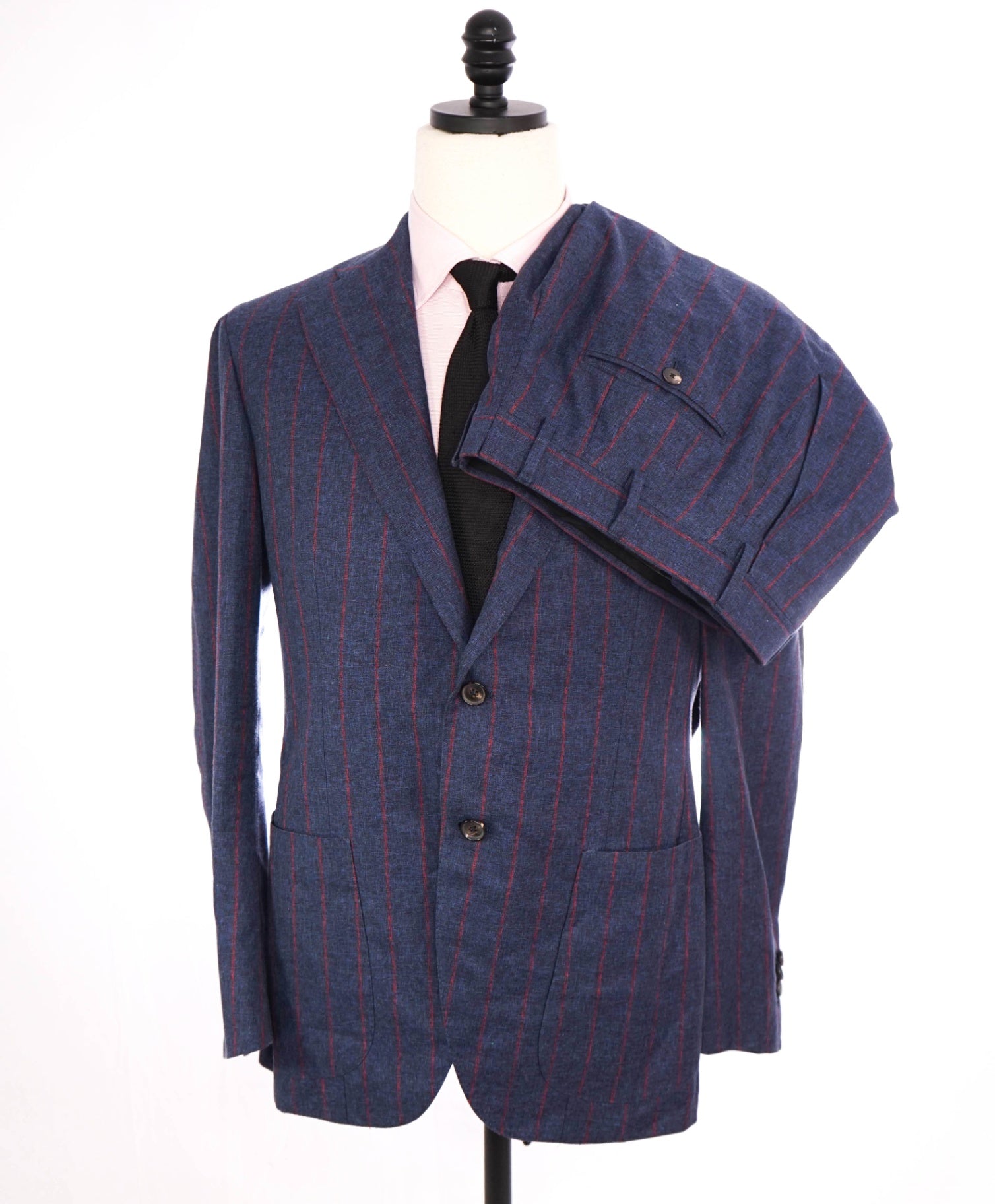 $6,595 ISAIA - CUSTOM Navy Blue/Red Stripe Wool/Cotton/Silk Suit - 40R