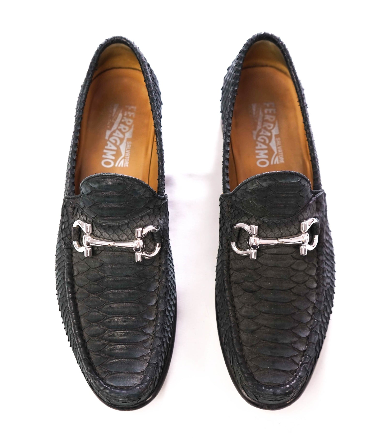 $2,650 FERRAGAMO - Gray/Green Python Skin "MASON" Loafers - 9.5 D
