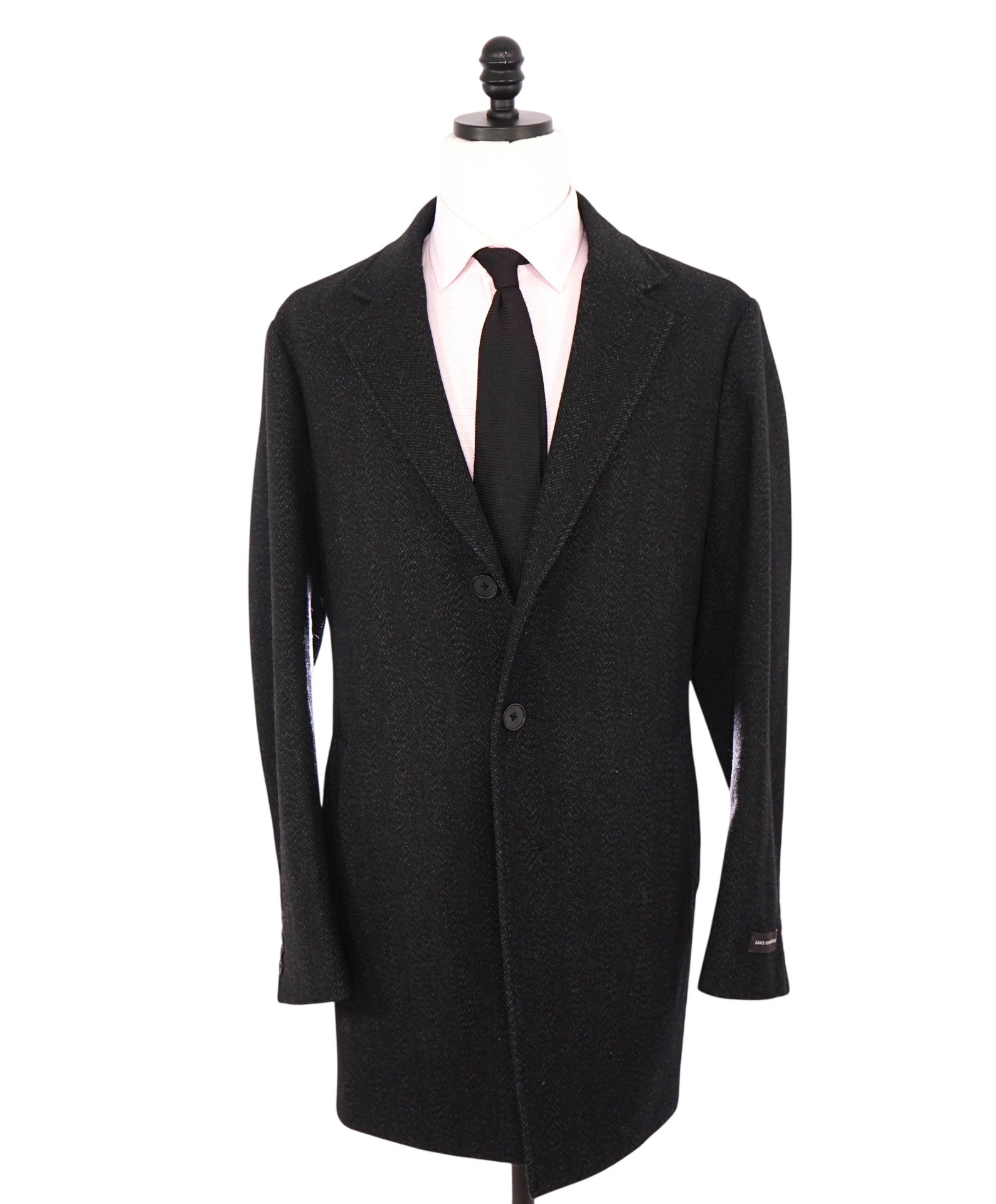 $795 SAKS FIFTH AVENUE - Black Herringbone Wool Blend Coat - 44R