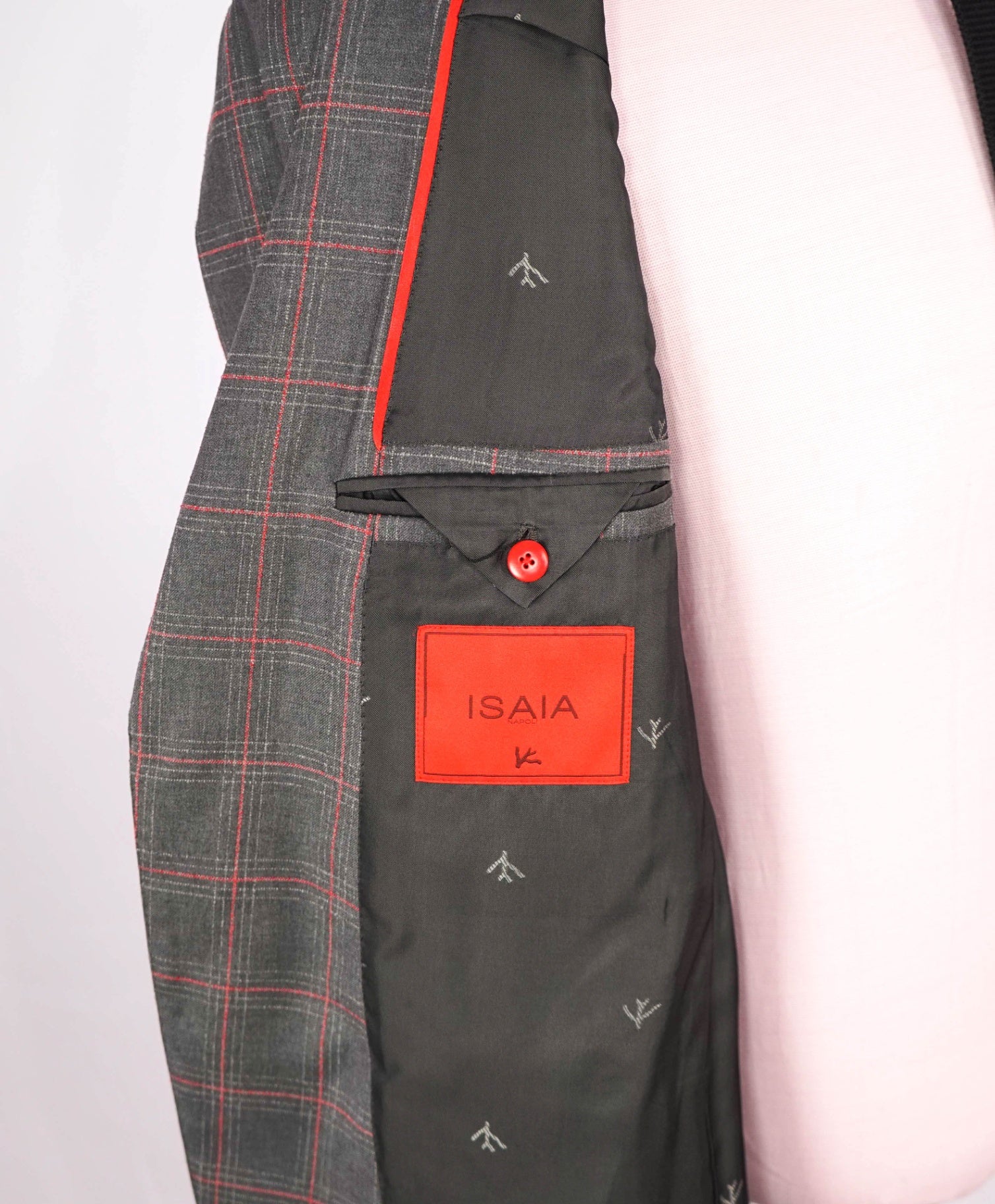$4,250 ISAIA - Gray/Red Textured Plaid Wool Suit - 42L