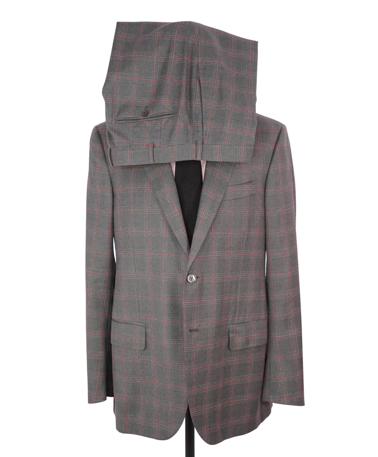 $4,250 ISAIA - Gray/Red Textured Plaid Wool Suit - 42L