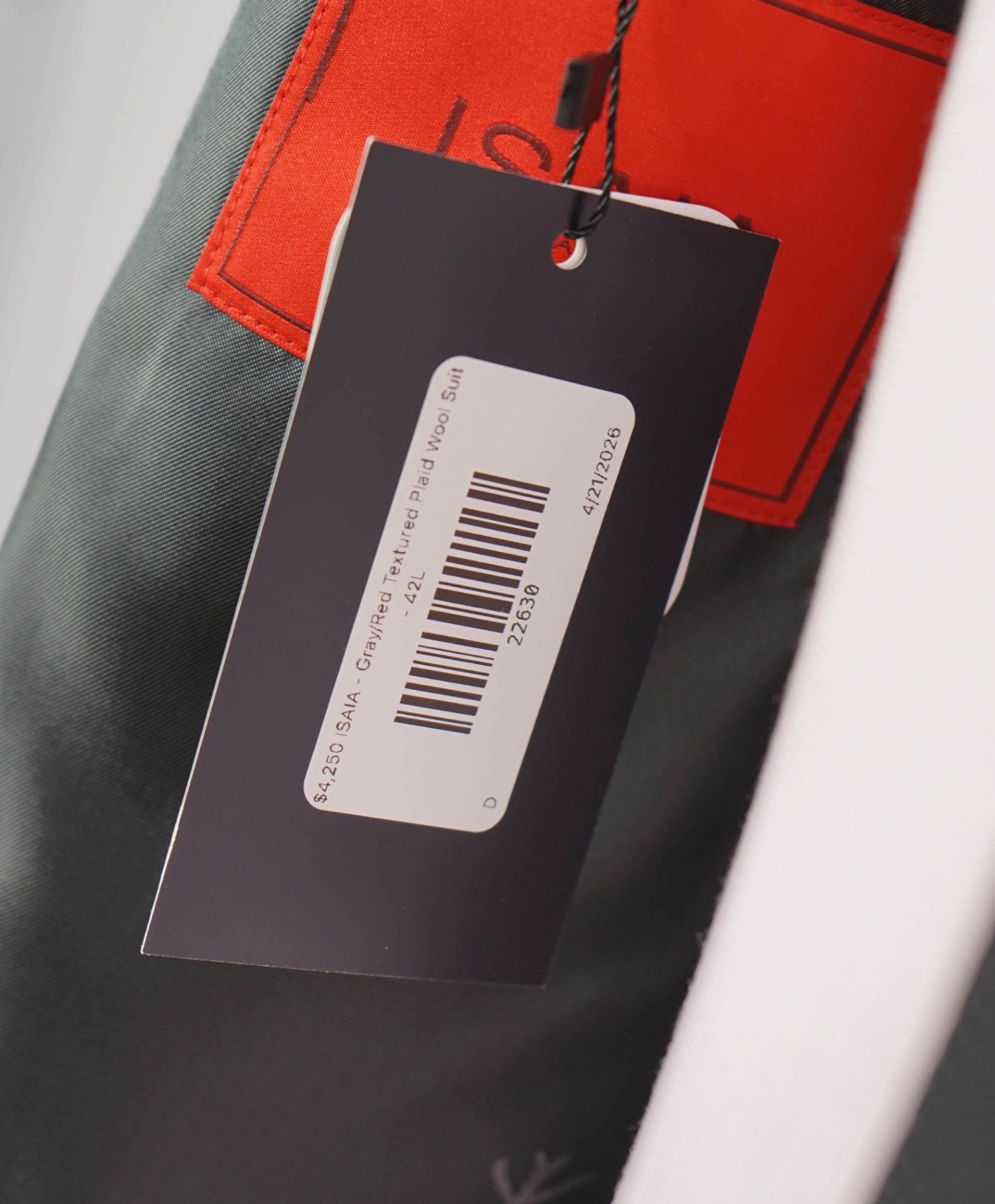 $4,250 ISAIA - Gray/Red Textured Plaid Wool Suit - 42L