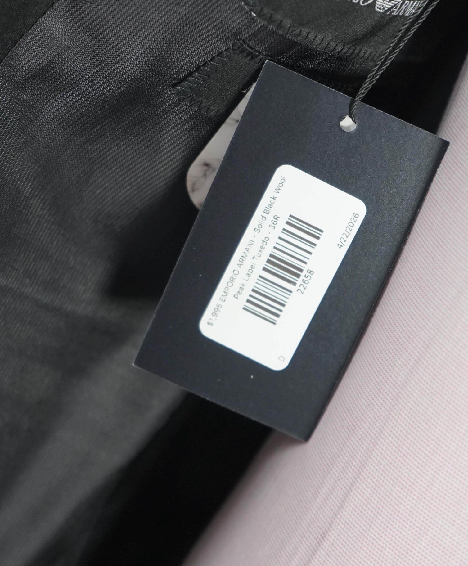 $1,995 EMPORIO ARMANI - Black Wool Peak Lapel Tuxedo - 36R