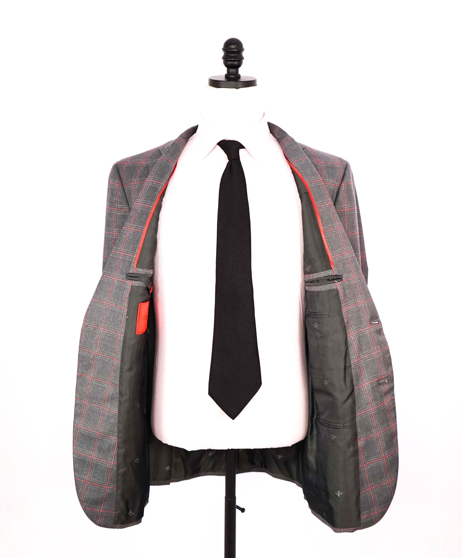 $4,250 ISAIA - Gray/Red Textured Plaid Wool Suit - 42L