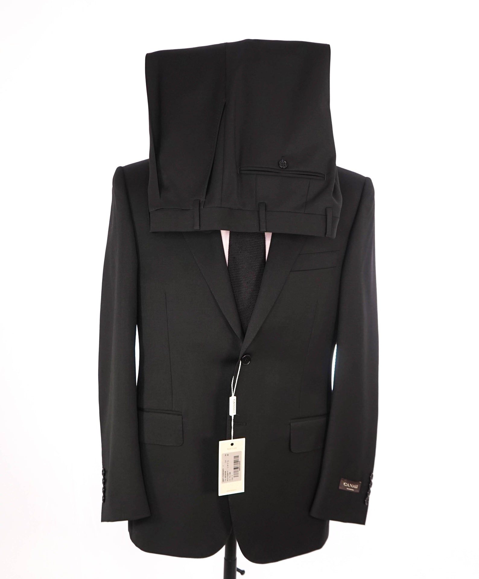 $2,795 CANALI - Solid Black Pure Wool Suit - 36S