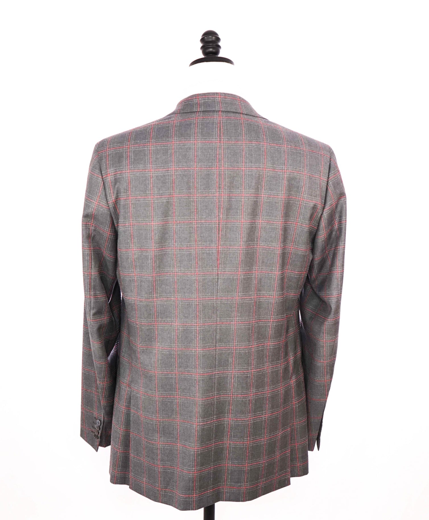 $4,250 ISAIA - Gray/Red Textured Plaid Wool Suit - 42L
