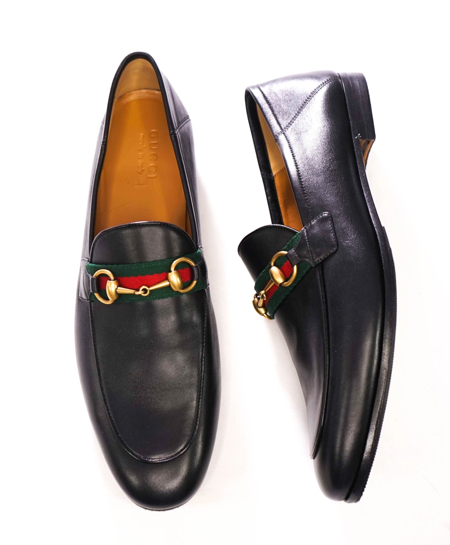 $1,090 GUCCI - Black Leather Jordaan Agnello Loafers - 12.5 (12G)