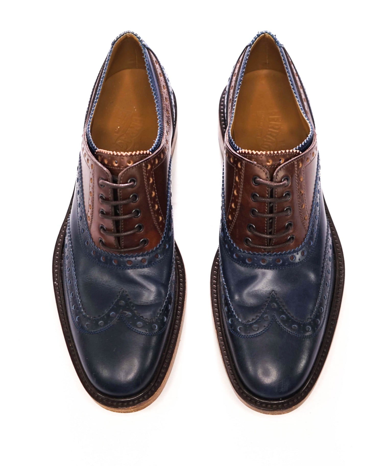 $1,250 FERRAGAMO - Navy Blue/Brown Leather Wingtip Oxfords - 9 D