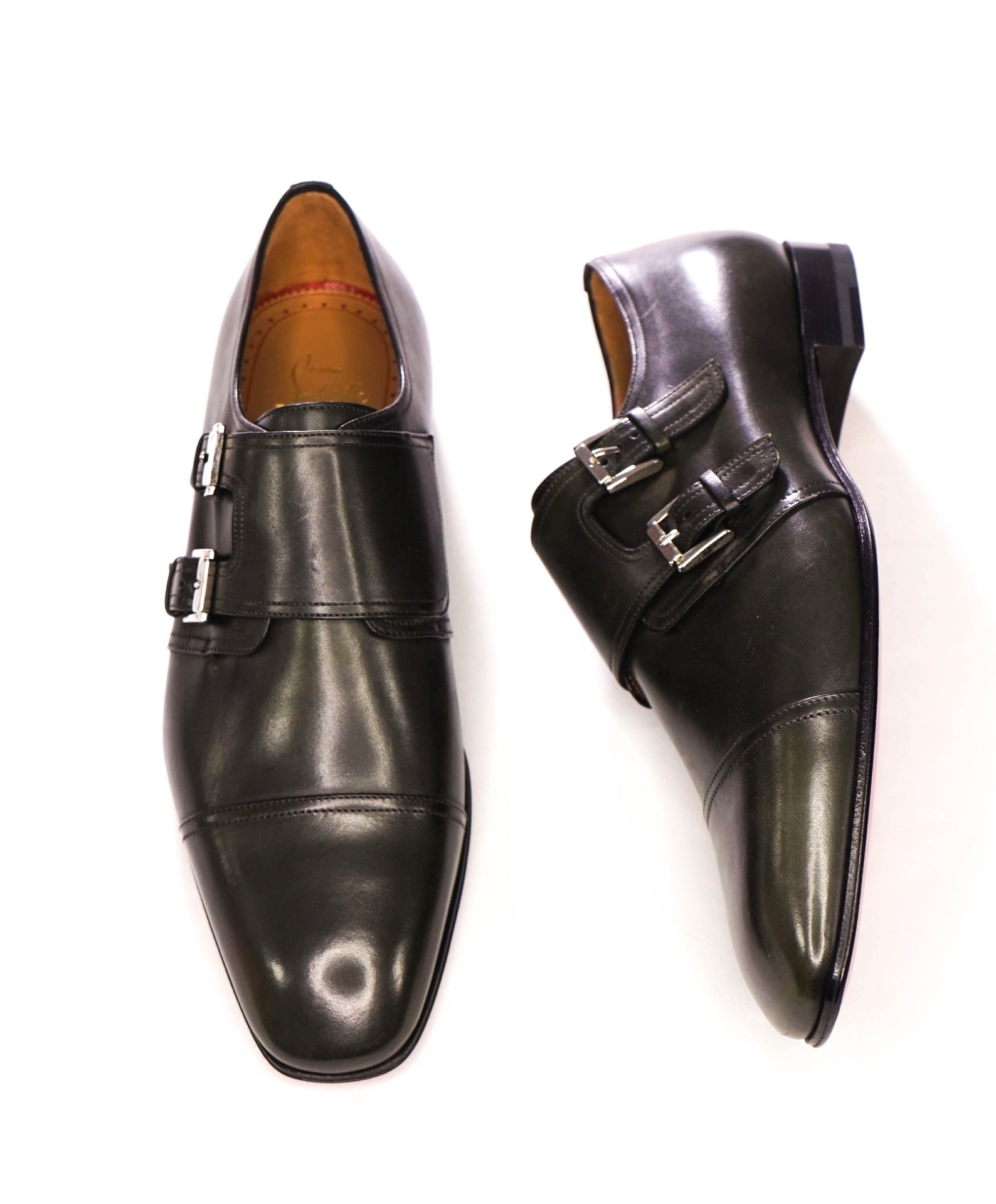 $1,250 LOUBOUTIN - "MORTIMER" Dark Green Leather Monk Straps - US 7 (40EU)