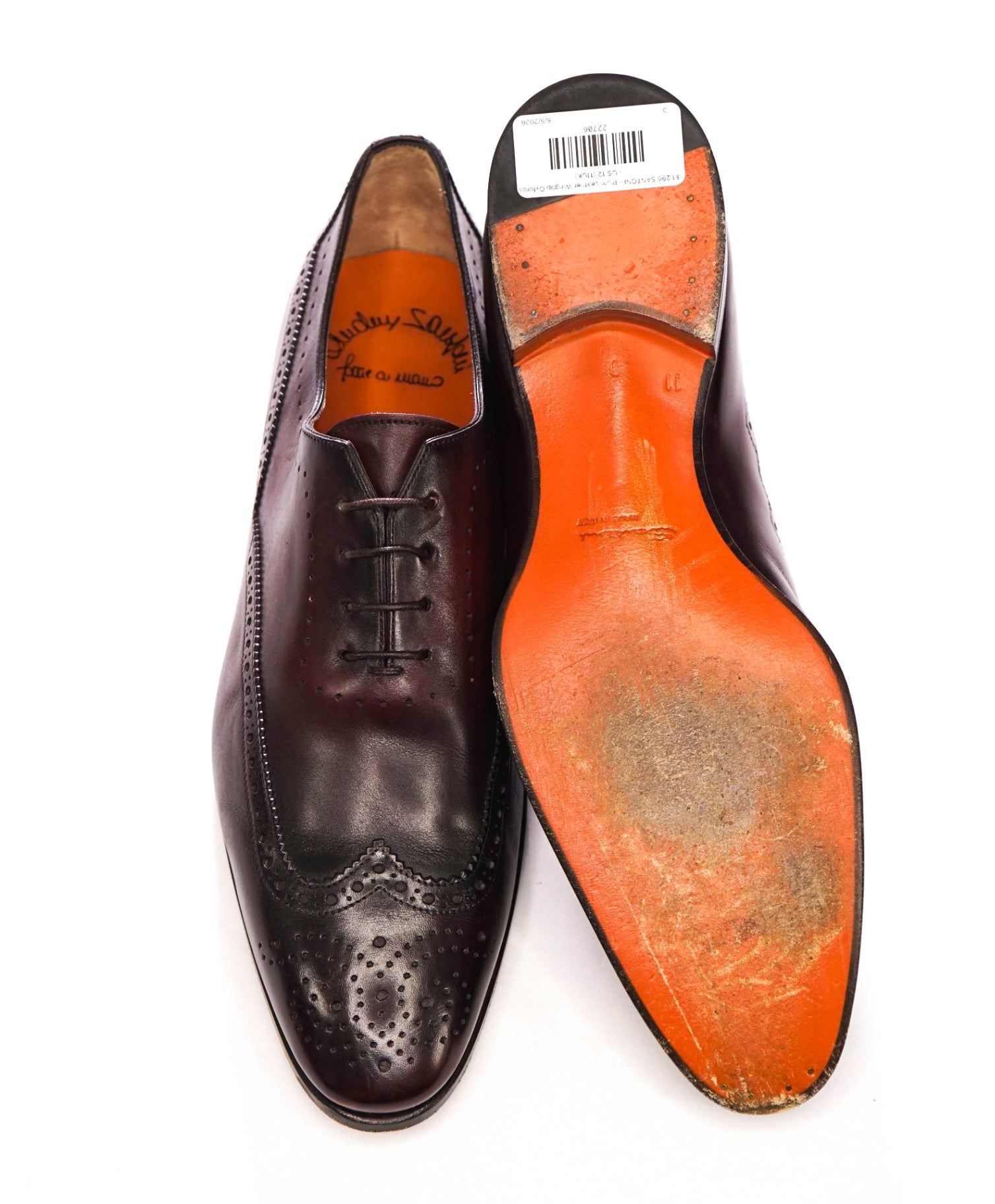 $1,295 SANTONI - Oxblood Leather Wingtip Oxfords - US 12 (11UK)