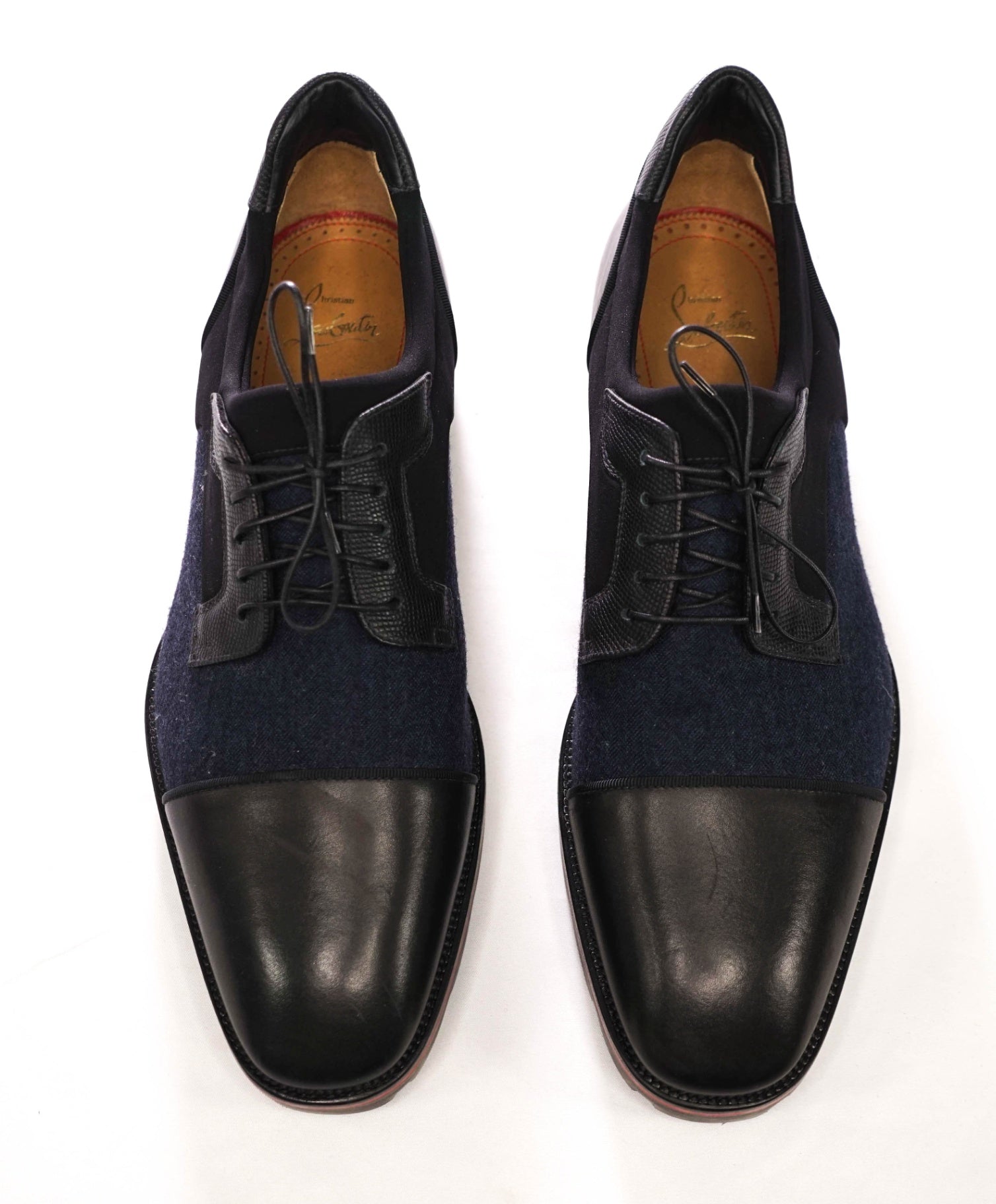 $1,095 LOUBOUTIN - Black/Navy Blue Leather/Wool "MIKA SKY" Lug-Sole Derby - US 9 (42EU)