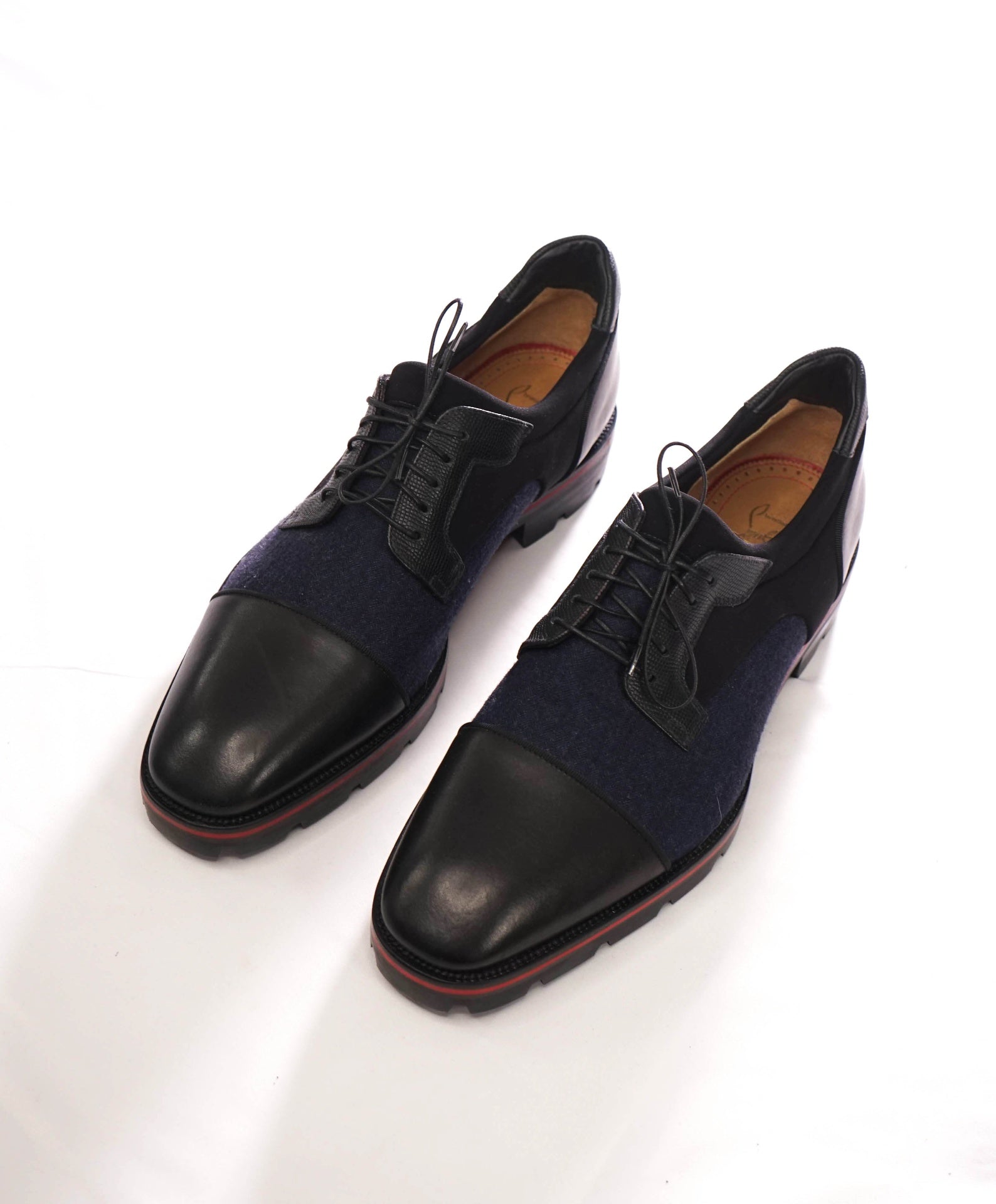 $1,095 LOUBOUTIN - Black/Navy Blue Leather/Wool "MIKA SKY" Lug-Sole Derby - US 9 (42EU)