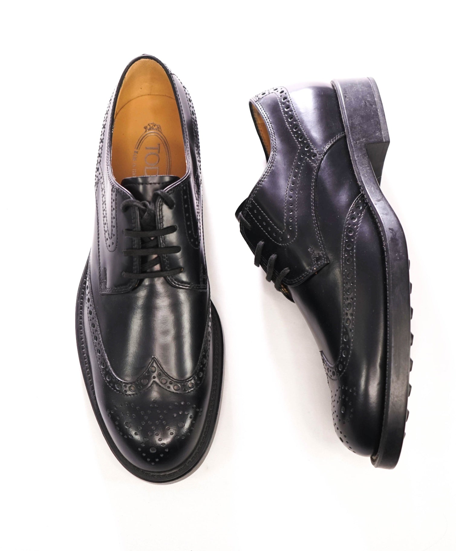 $750 TOD'S - Black Leather Wingtip Derby - US 9.5 (UK 8.5)