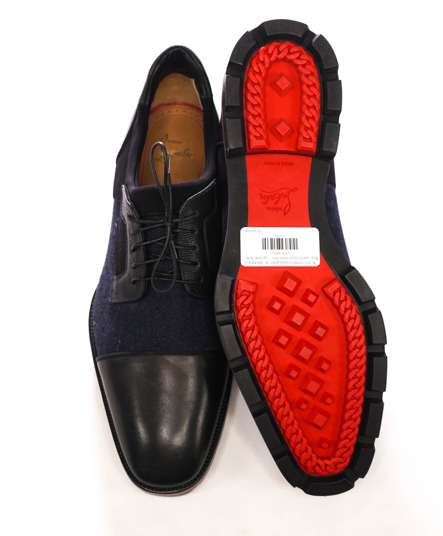 $1,095 LOUBOUTIN - Black/Navy Blue Leather/Wool "MIKA SKY" Lug-Sole Derby - US 9 (42EU)