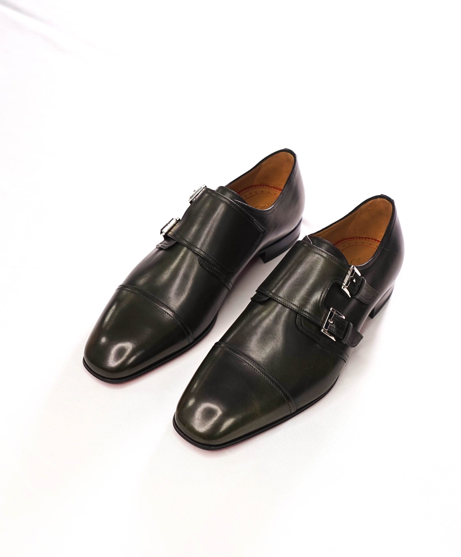 $1,250 LOUBOUTIN - "MORTIMER" Dark Green Leather Monk Straps - US 7 (40EU)