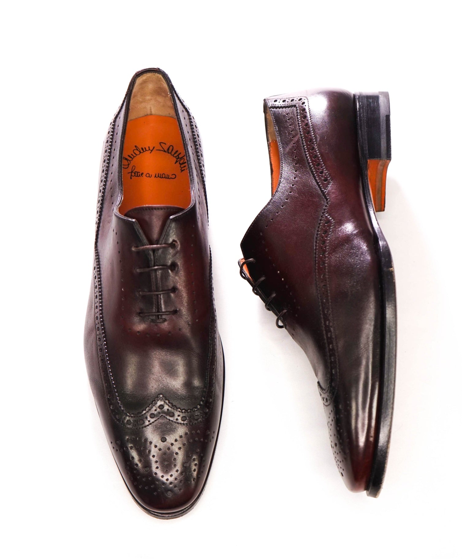 $1,295 SANTONI - Oxblood Leather Wingtip Oxfords - US 12 (11UK)