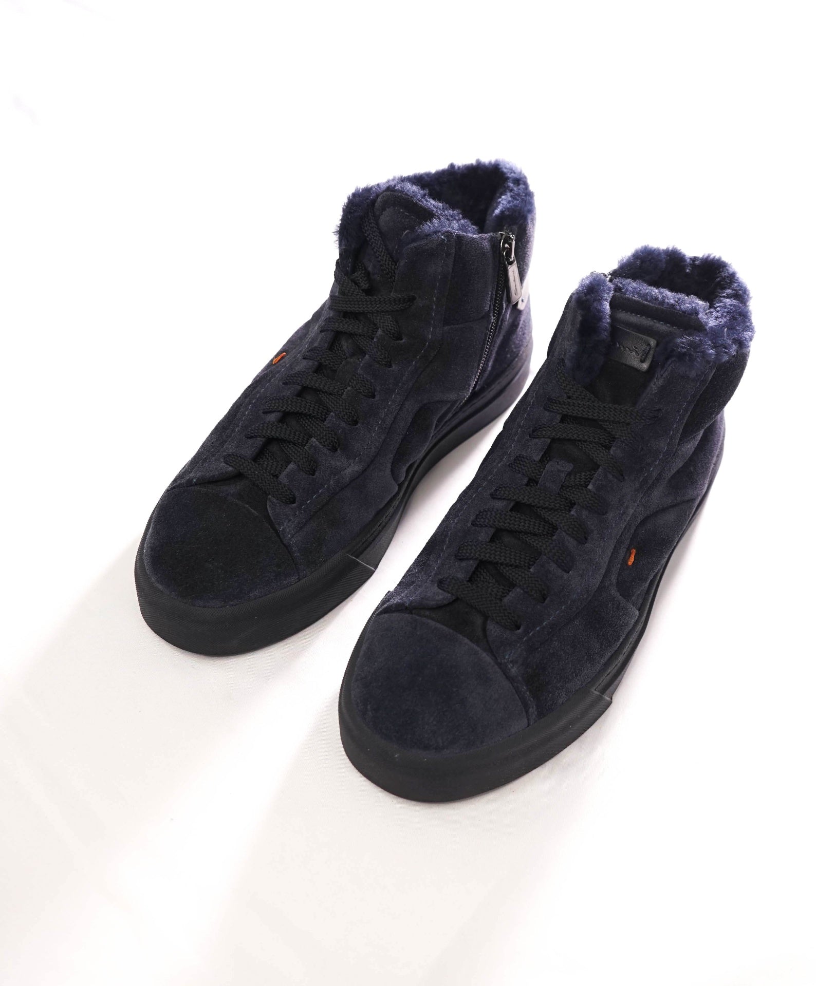 $860 SANTONI - Navy Blue Suede Shearling Lined Sneakers - US 8 (7UK)