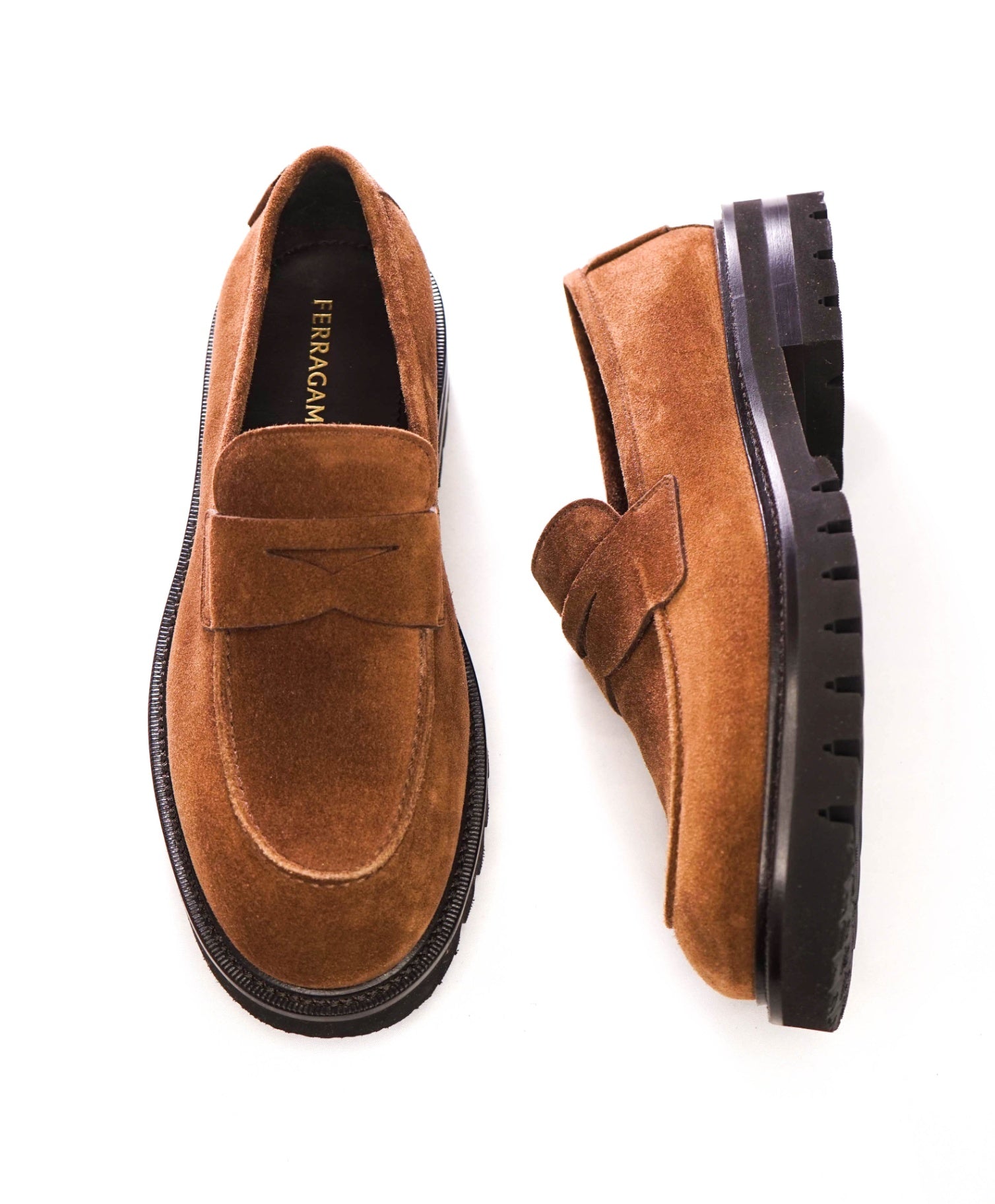 $995 FERRAGAMO - Brown Suede "AUKLAND" Lug Sole Loafers - 8 EE
