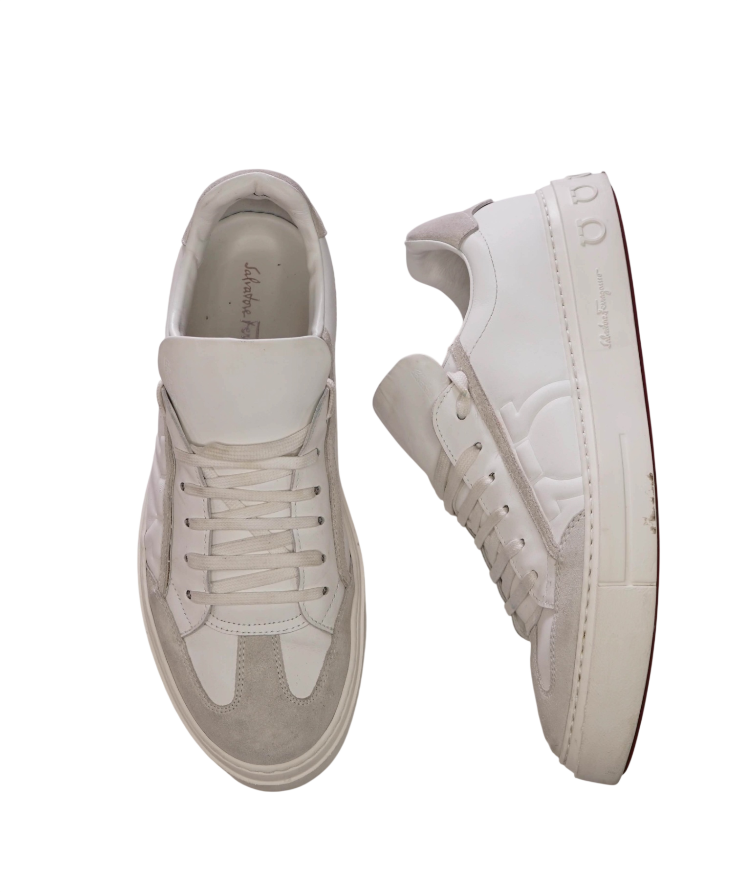 $795 FERRAGAMO - White Leather/Suede "BORG" Sneakers - 10 M