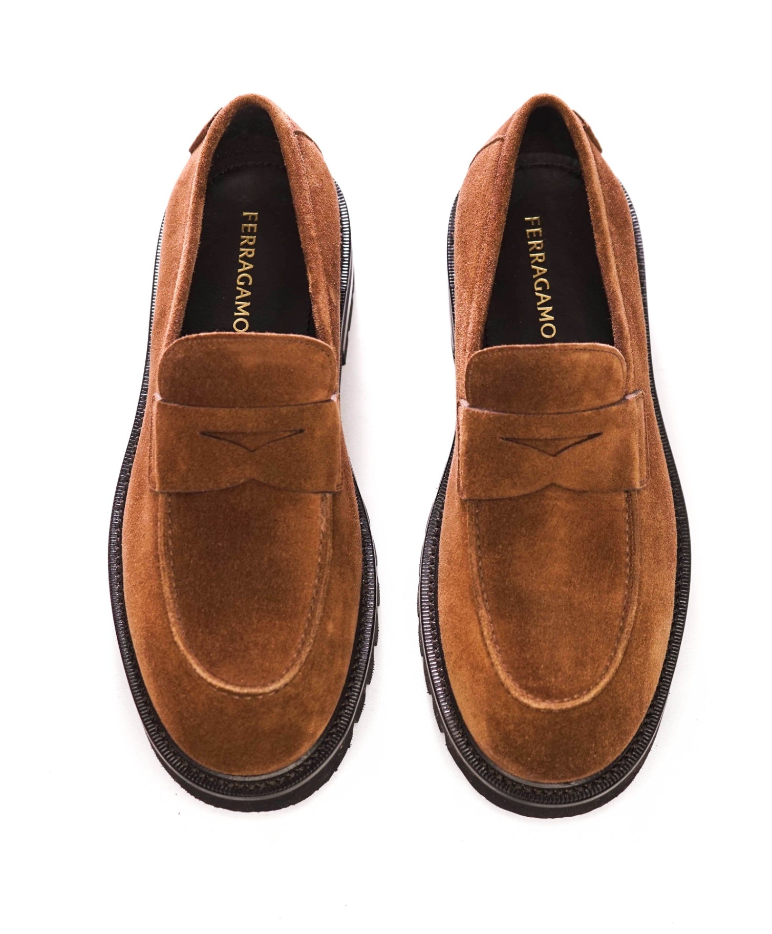 $995 FERRAGAMO - Brown Suede "AUKLAND" Lug Sole Loafers - 8 EE